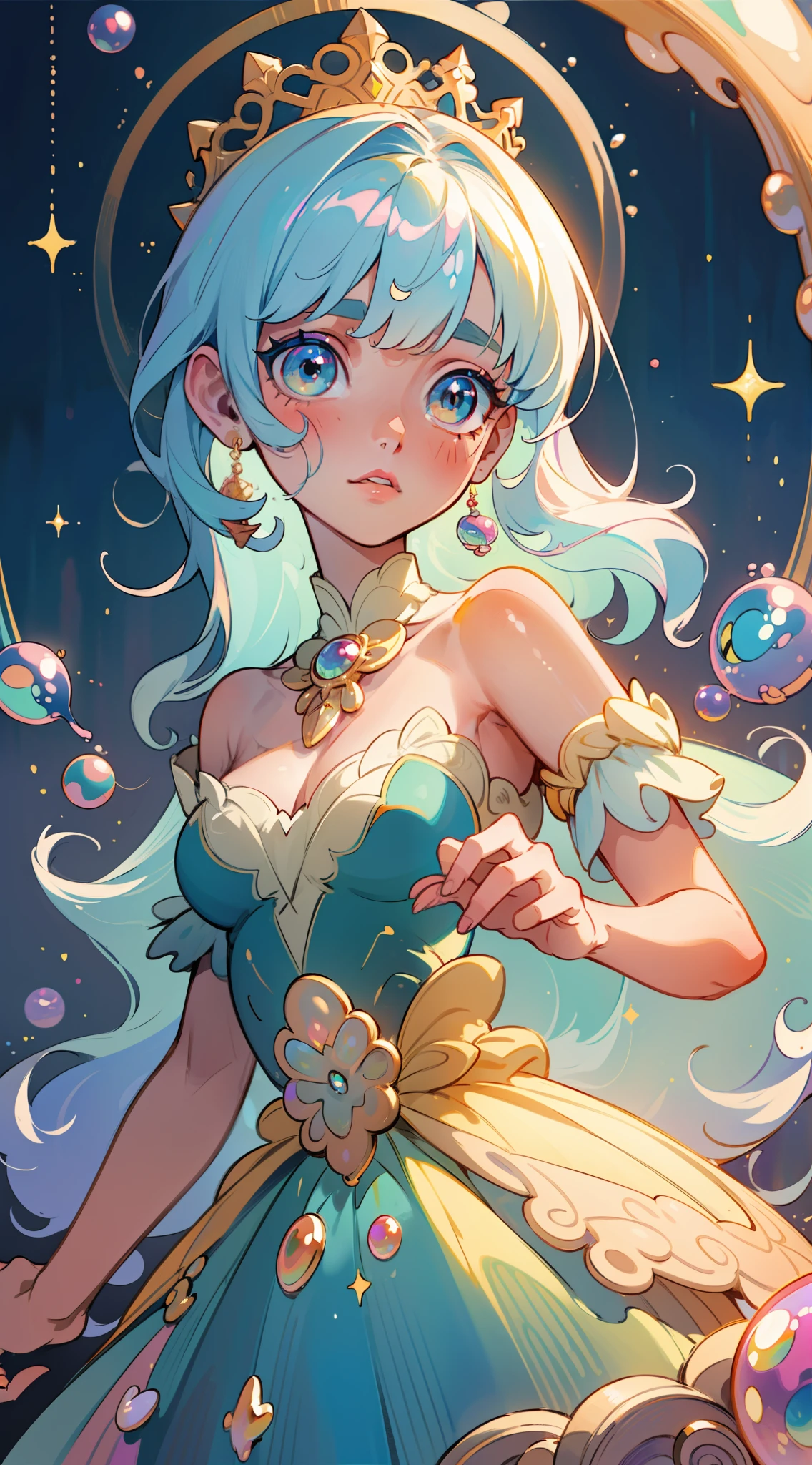 masterpiece, best quality, 8k resolution, sharp focus, intricate detail, beautiful girl, sparkling eyes, golden ratio face, otherworldly liquid, watercolor, pastel colors, bright colors, whimsical, colorful, sharp focus, high resolution, fine detail, princess layered ballgown, ((round eyes)), iridescent bubbles, magical