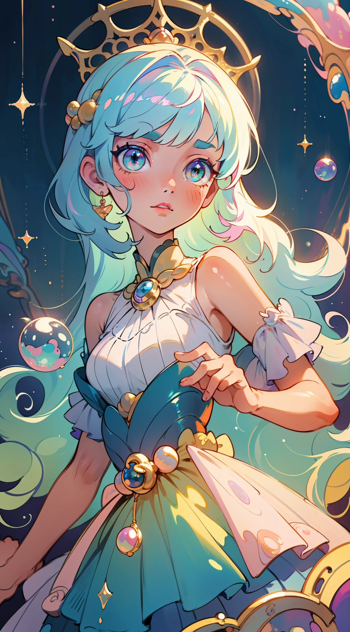 masterpiece, best quality, 8k resolution, sharp focus, intricate detail, beautiful girl, sparkling eyes, golden ratio face, otherworldly liquid, watercolor, pastel colors, bright colors, whimsical, colorful, sharp focus, high resolution, fine detail, princess layered ballgown, ((round eyes)), iridescent bubbles, magical