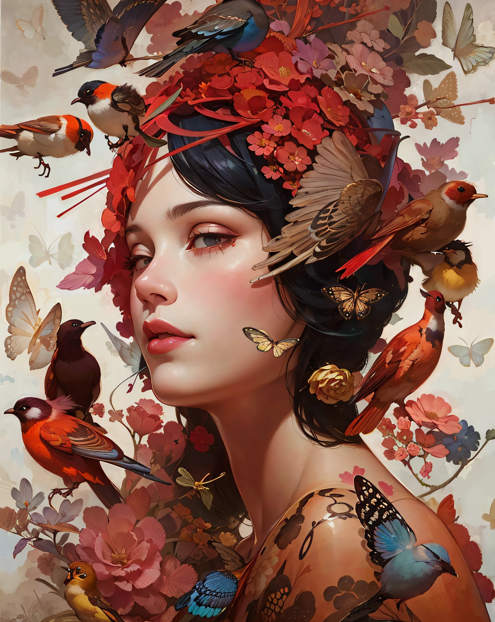 painting of a woman with flowers and butterflies in her hair, ryan hewett, Artgerm and James Jean, Beautiful digital artwork, Wadim Kashin. Ultra photo realsisim, james jean and wlop, loish and ross tran, anna dittmann alberto vargas, Ross Tran 8 K, jinyoung shin art, karol bak and peter mohrbacher