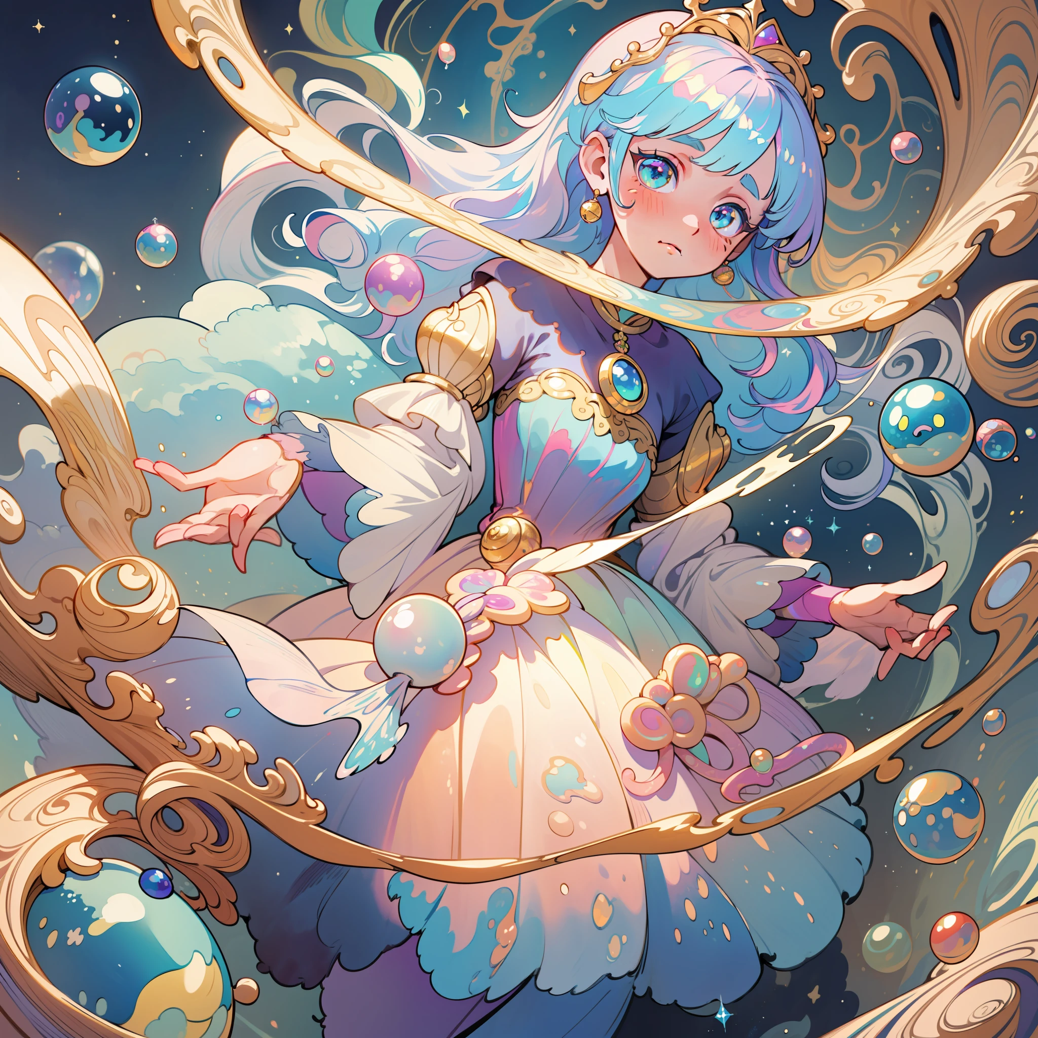 masterpiece, best quality, 8k resolution, sharp focus, intricate detail, beautiful girl, sparkling eyes, golden ratio face, otherworldly liquid, watercolor, pastel colors, bright colors, whimsical, colorful, sharp focus, high resolution, fine detail, princess layered ballgown, ((round eyes)), iridescent bubbles, magical