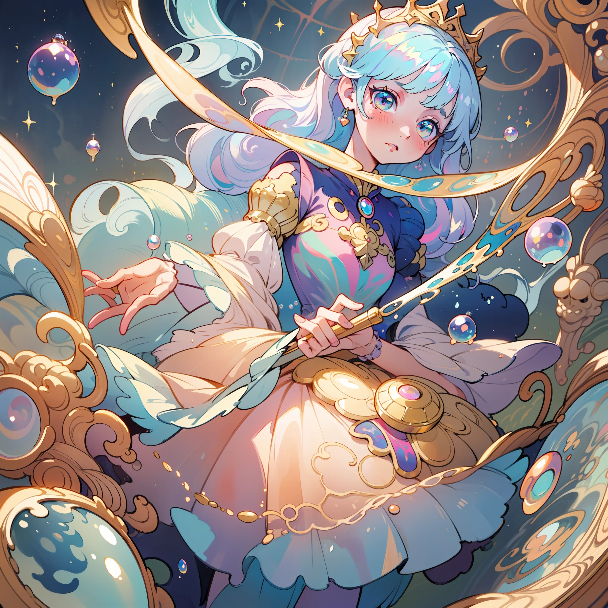 masterpiece, best quality, 8k resolution, sharp focus, intricate detail, beautiful girl, sparkling eyes, golden ratio face, otherworldly liquid, watercolor, pastel colors, bright colors, whimsical, colorful, sharp focus, high resolution, fine detail, princess layered ballgown, ((round eyes)), iridescent bubbles, magical
