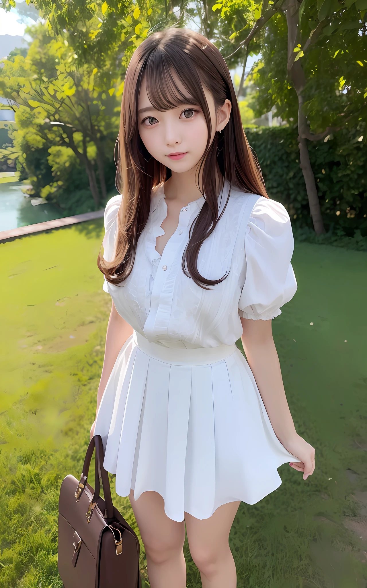 ​masterpiece、top-quality、Official art、Highly detailed CG Unity 8K wallpapers、Like a schoolgirl、a very delicate and beautiful、超A high resolution、（Photorealsitic：1.4）、Golden Hour Lighting、（The upper part of the body）、（Platinum Shorthair：0.8）、（Puffy eyes）、looking at the viewers、facing the front there、Laughing、JK Skirt、robe blanche、skirt rift、Only clothes are wet、bangss、Brown hair with silky wavy tips、Detailed hair strands、