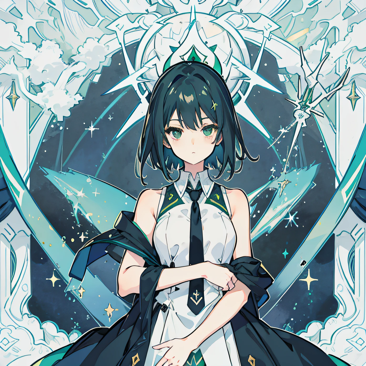 Kizi，Short dark blue shoulder-length hair，The ends of the hair are green，Upturned end，Three and seven points，Air bangs，Emerald eyes，High cold girl，Wear a sleeveless white shirt，black necktie，Doompunk background，Tarot elements，Extremely beautiful