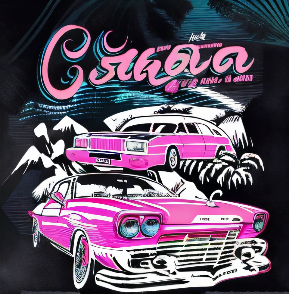 Alpha image of a pink car，There are surfboards on top, Vintage car, Vintage pink synth wave style, Vintage car, Vintage and 1 9 8 0 s style, detailled image, After the 80s, from the 8 0 s, Vintage illustration, Composite wave style, 8 0's, 80shair。。, 80's, ultra realistic classic，Vintage illustration，Retro，Graphic illustration，planar