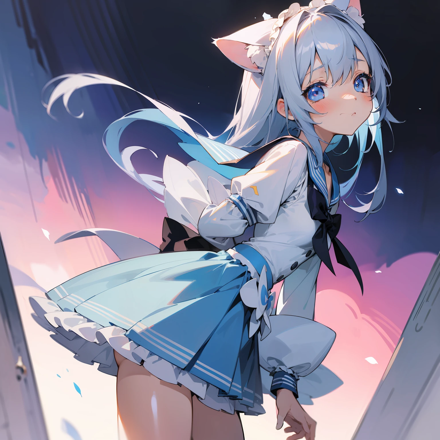 top-quality、masterpiece、Little Girl、Cat's ears、silber hair、Longhaire、Light blue eyes、a sailor suit、a miniskirt、maid clothes、Mass frills、PastelColors、extremely cute anime girl face、Moe Art Style in Anime、With a sad look、she has a cute expressive face