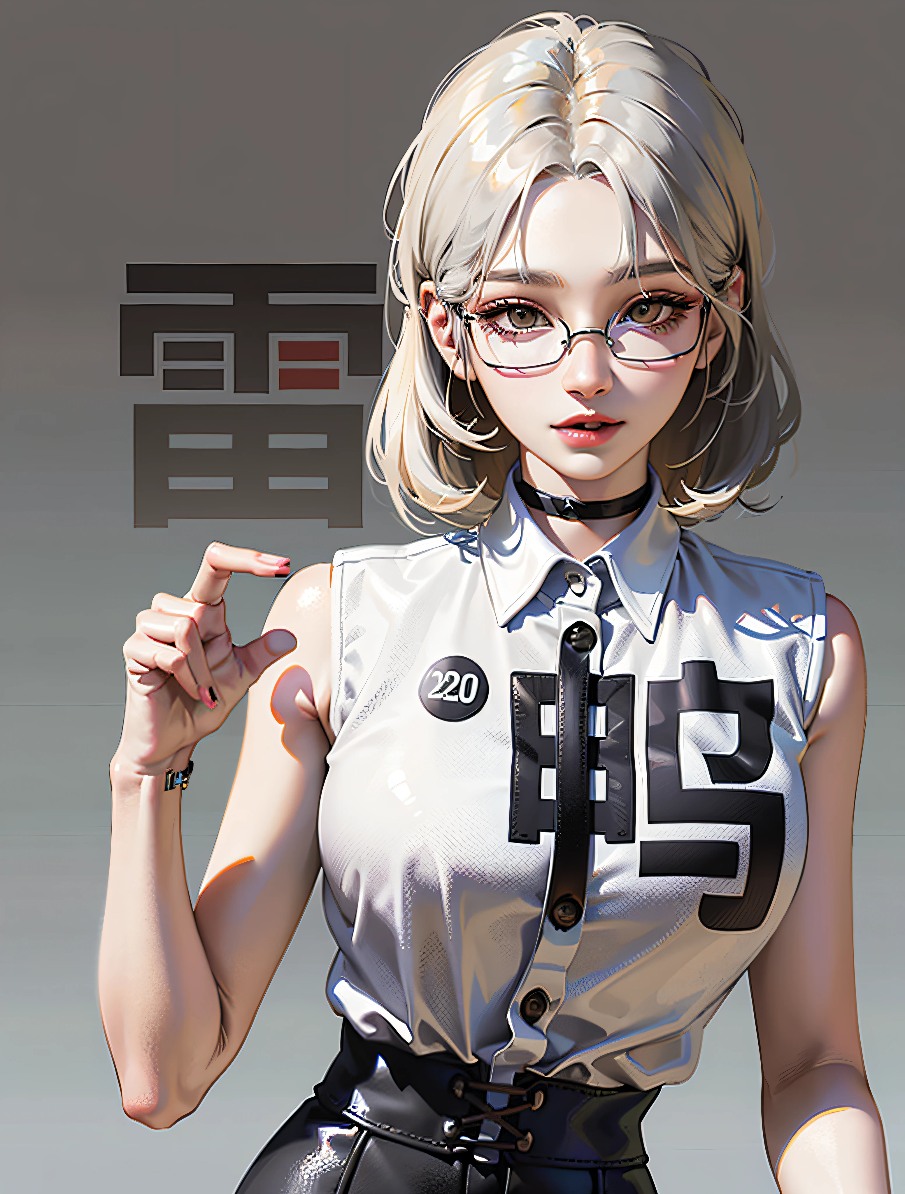 Best quality, 超高分辨率, (Photorealistic:1.4), 1womanl, sleeveless white button shirt, Black skirt, Black choker, ((Glasses)), (Kpop idol), (aegyo sal:1), (Platinum blonde hair Gray hair:1), ((Puffy eyes)), view the viewer, full bodyesbian, Flowers