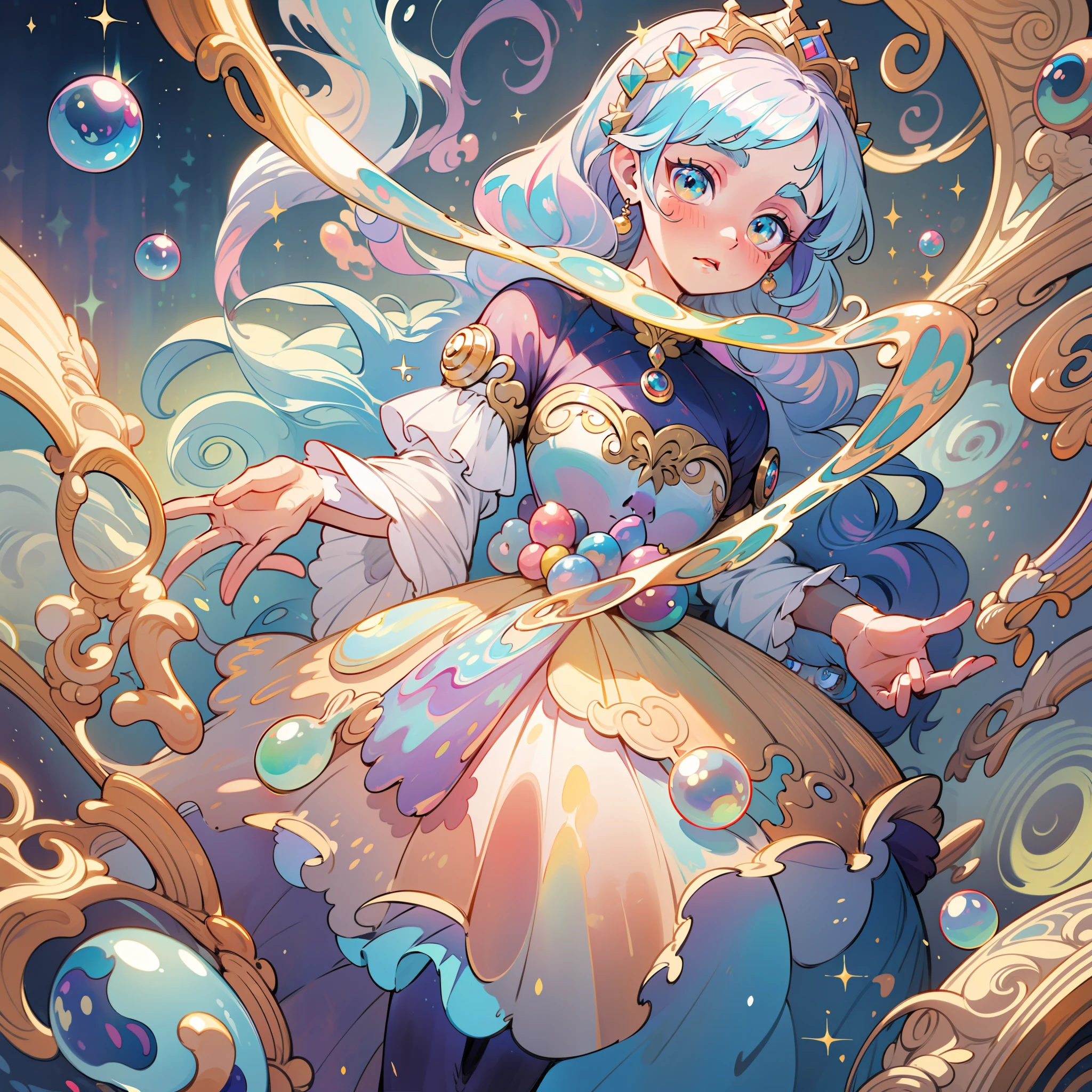 masterpiece, best quality, 8k resolution, sharp focus, intricate detail, beautiful girl, sparkling eyes, golden ratio face, otherworldly liquid, watercolor, pastel colors, bright colors, whimsical, colorful, sharp focus, high resolution, fine detail, princess layered ballgown, ((round eyes)), iridescent bubbles, magical