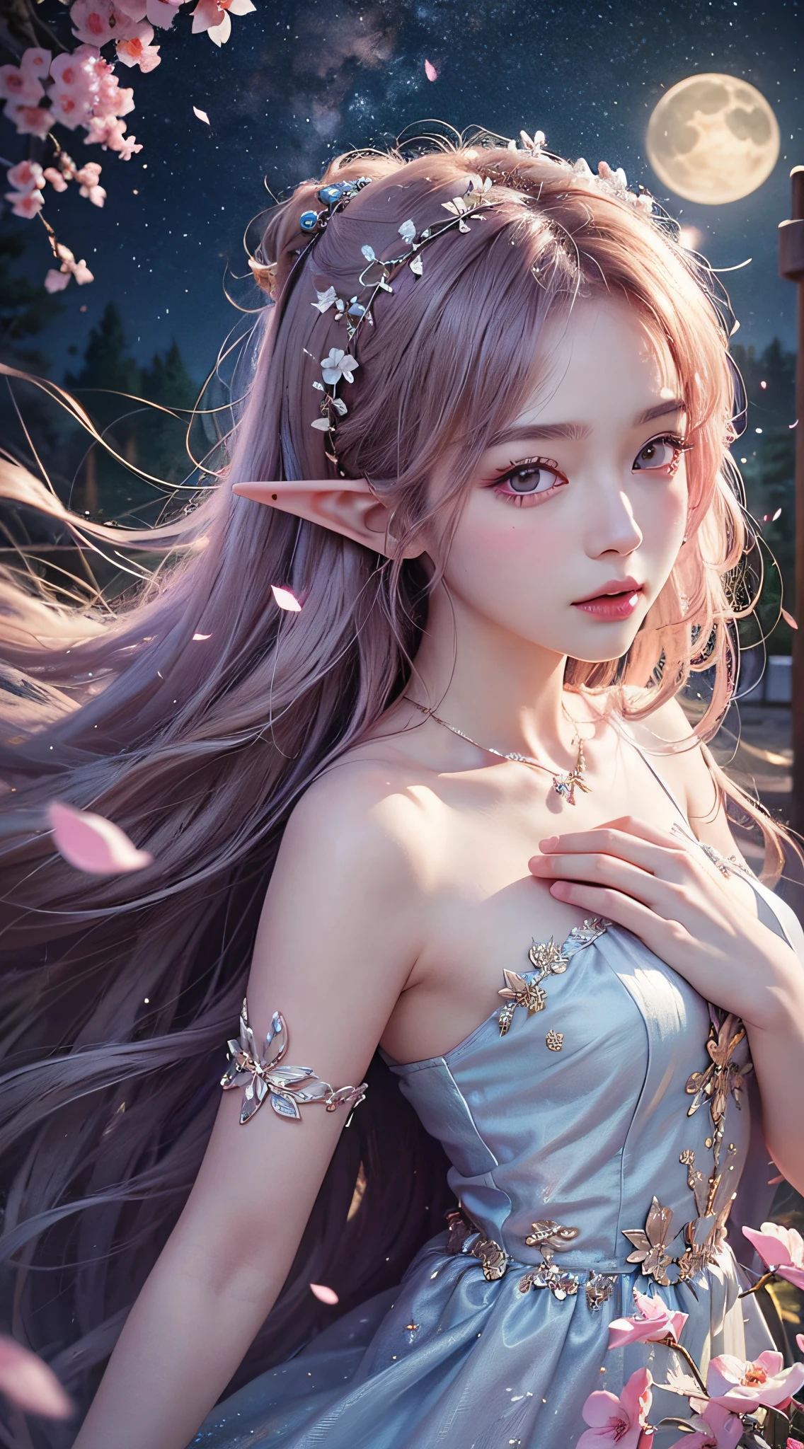 (8K, Best picture quality, tmasterpiece:1.2), (realisticlying, realisticlying:1.37), ultra - detailed, Under the moonlight of the forest night,fireflies flying,Dancing elf maiden,Delicate white fairy dress,Her ethereal beauty is emphasized in the Japanese retro style。Her expressive eyes twinkled with secret,A half body,中景 the scene is,romantic atmoshere,Pinkish-purple,Ultra HD rendering,The details are stunning。