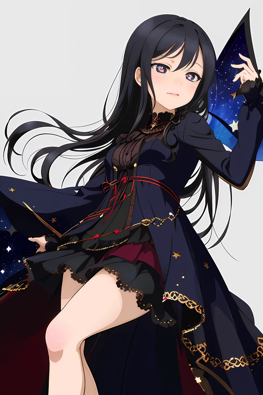 masterpiece, best quality, masterpiece, (1girl), (LLChar), evil witch, dark energy, void, empty eyes, (extremely evil), dark magic, dark forest, negaive energy, hell, void, stars, black hair,