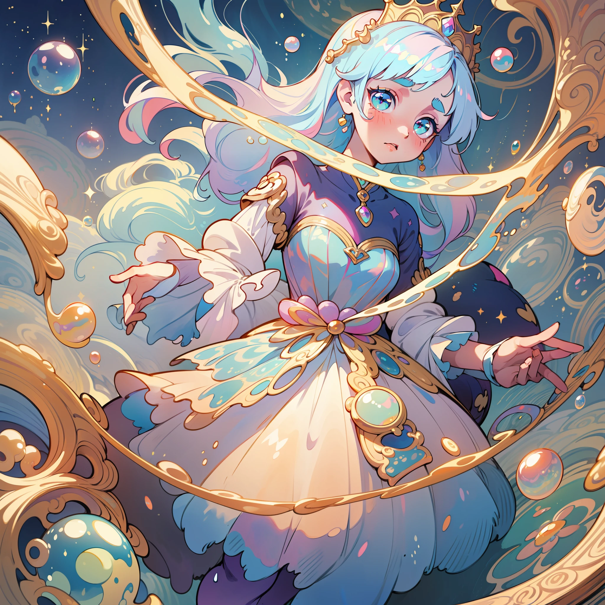 masterpiece, best quality, 8k resolution, sharp focus, intricate detail, beautiful girl, sparkling eyes, golden ratio face, otherworldly liquid, watercolor, pastel colors, bright colors, whimsical, colorful, sharp focus, high resolution, fine detail, princess layered ballgown, ((round eyes)), iridescent bubbles, magical