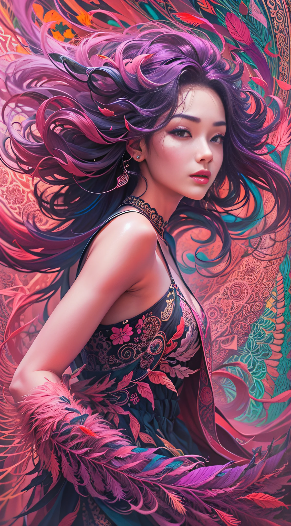 erjie, girl in a fluid and dynamic pose, wearing a loose, flowing pink dress, mysterious expression, curly black and pink hair, [Zhang Ziyi|Aishwarya Rai], in a modern and abstract setting, with bold and colorful abstract art, blurred background, bright lighting, official art, unity 8k wallpaper, (zentangle, mandala, tangle, entangle), intricate clothes,zhongfenghua (full body,from everywhere,masterpiece, top quality, best quality, official art, beautiful and aesthetic:1.2), extremely detailed,(fractal art:1.1),(colorful:1.1)(flowers:1.3),highest detailed,(zentangle:1.2), (dynamic pose), (abstract background:1.3), (shiny skin), (many colors:1.4), (feathers:1.5), dynamic angle, the most beautiful form of chaos, elegant, a brutalist designed, vivid colours, romanticism,