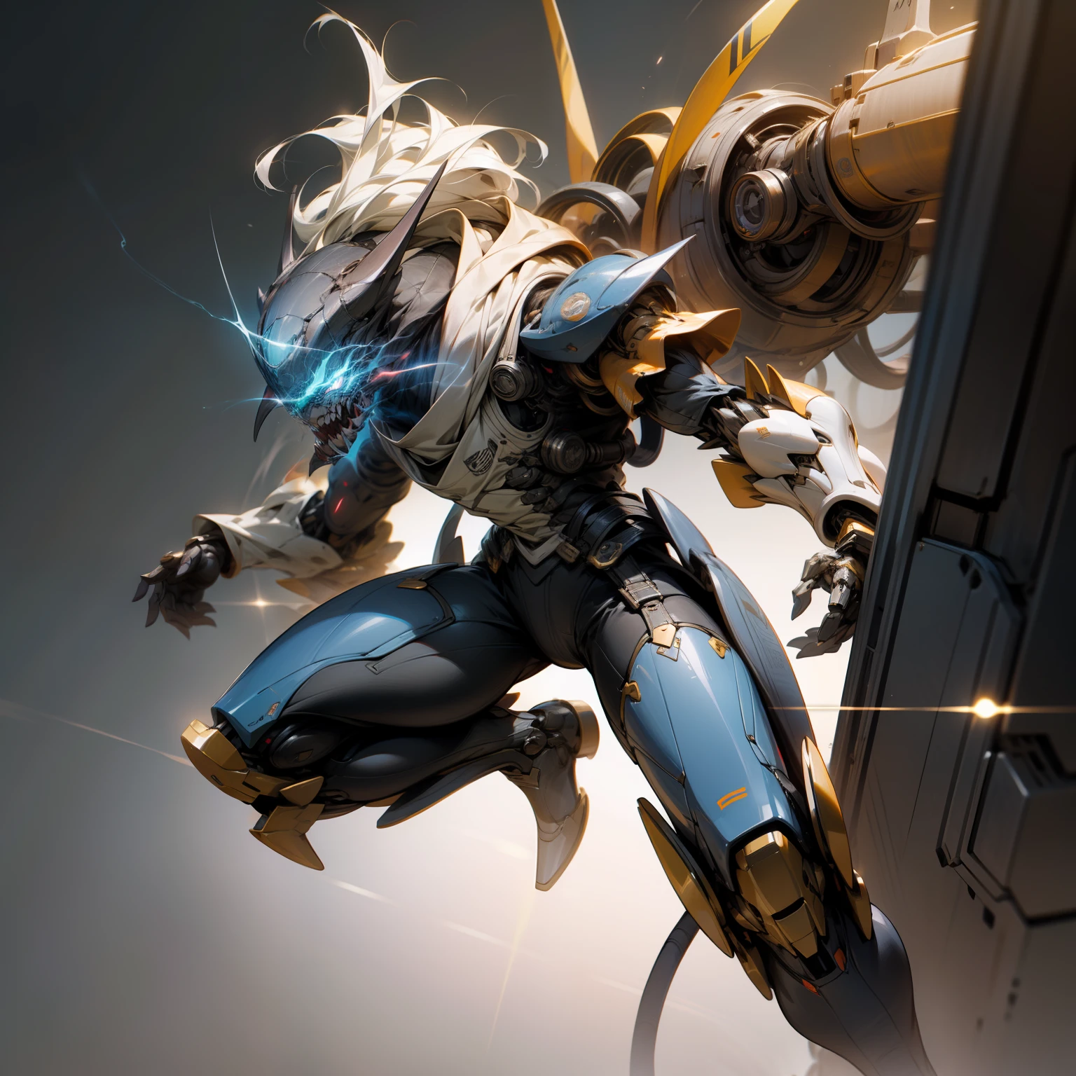 Demon Slayer, super cool demon killer, wearing super detailed mechanical creature armor, red and blue armor, red lightning, playing lightning, super detail, IP by pop mart, edge light, avatar, octane rendering, blender, full body, clean black background, 3d, c4d, best quality, very detailed, 8K, best quality, super high resolution, detailed face