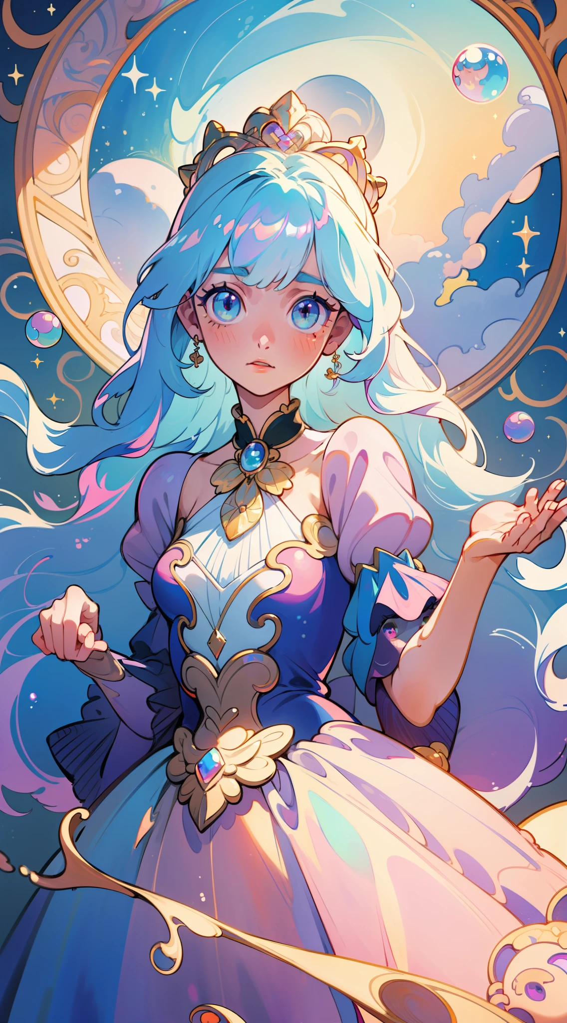 masterpiece, best quality, 8k resolution, sharp focus, intricate detail, beautiful girl, sparkling eyes, golden ratio face, otherworldly liquid, watercolor, pastel colors, bright colors, whimsical, colorful, sharp focus, high resolution, fine detail, princess fantasy flowing ballgown, ((round eyes)), iridescent bubbles