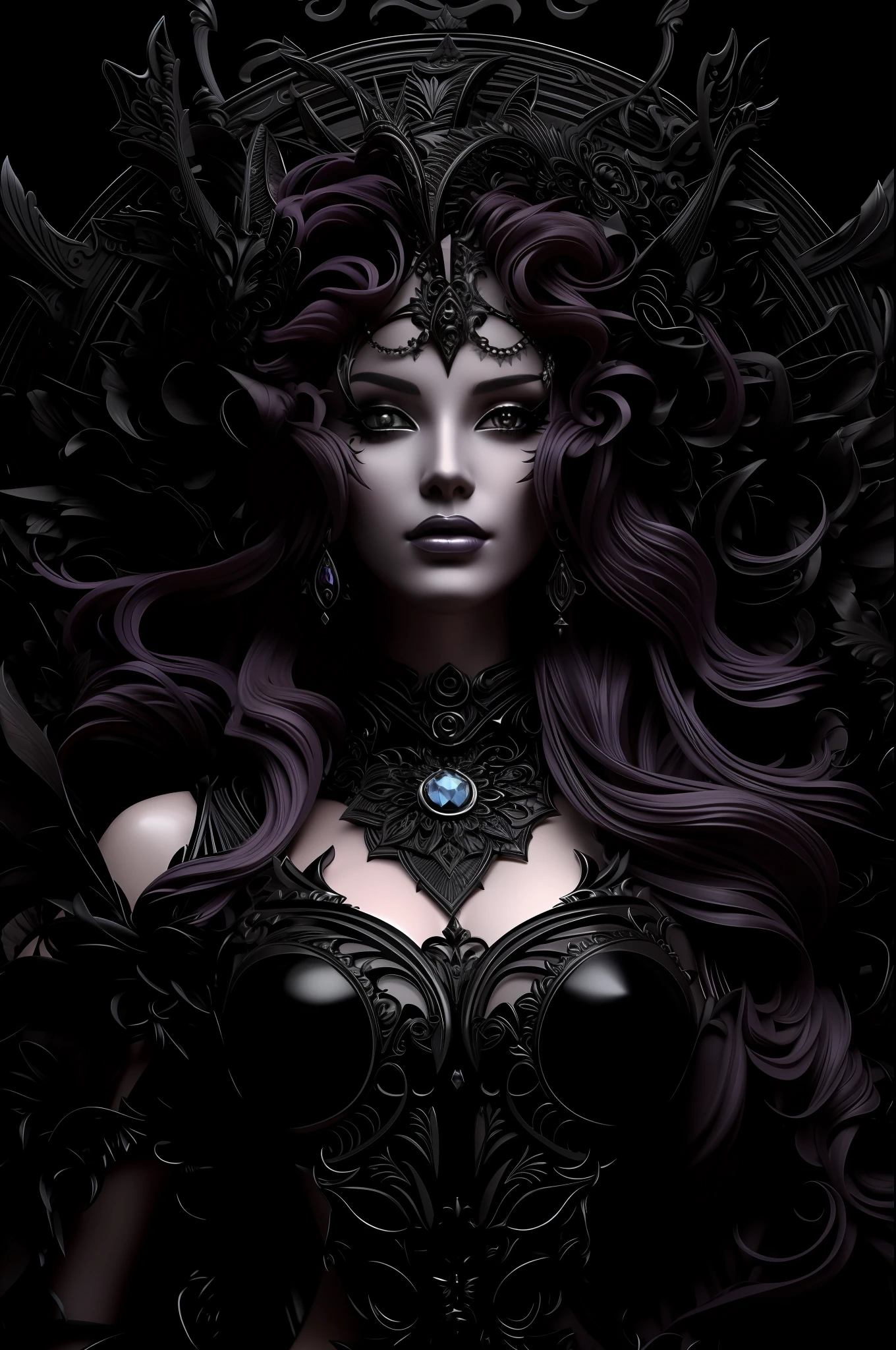 Close-up of a woman wearing a very large headdress, portrait of a dark fantasy nymph, Goddess. Extremely high detail, stuning fantasy 3 d render, portrait of a dark goddess, detailed matte fantasy portrait, 3 D rendering character art 8 K, beautiful elegant demon queen, 3 d goddess portrait, extremely detailed goddess shot, karol bak uhd