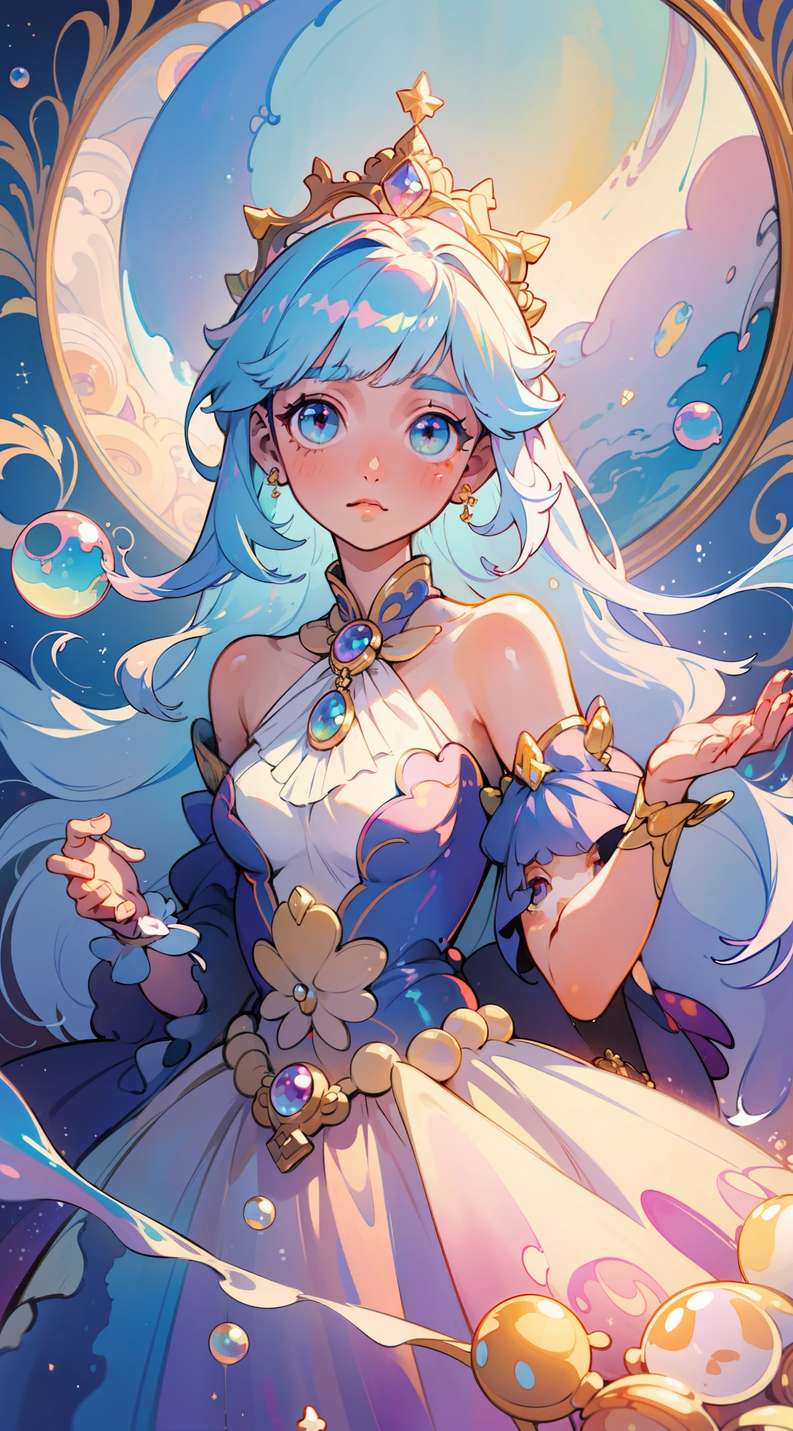 masterpiece, best quality, 8k resolution, sharp focus, intricate detail, beautiful girl, sparkling eyes, golden ratio face, otherworldly liquid, watercolor, pastel colors, bright colors, whimsical, colorful, sharp focus, high resolution, fine detail, princess fantasy flowing ballgown, ((round eyes)), iridescent bubbles