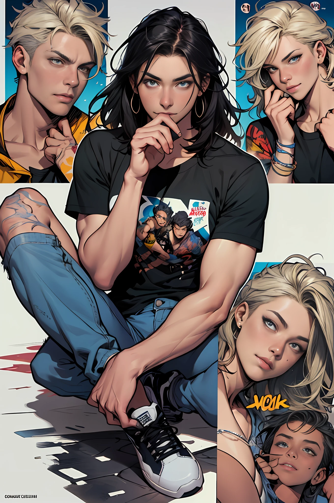 raw photo, ::comix style by marc silvestri:: beautiful woman ashley alexiss european perfect and detailed, style ::2.0 comix illustration style,tatoon style , man model ultra detailed, (beautiful and clear background:1.2),, fantastic paintings ,graffit style, olhos altamente detalhados , a white t-shirt or tatoon stamp , blond hair, masterpiece, best quality, high quality, highres, detail enhancement, ((most beautiful image in the world)), masterpiece, best quality, high quality, highres, detail enhancement, ((most beautiful image )),with short, shiny black hair, wearing a large round-neck t-shirt, wearing jeans, five legs, like yellow sneakers, emphasizing the integrity of the human body, emphasis on the correct 5 fingers on each hand and the correct shadow, , bright image, art by stanley artgerm lau, art by kenneth rocafort, art by genzoman, art by joe madureira, art by blushyspicy, art by stjepan sejic, art by j scott campbell, art by guillem march, art by citemer liu, 4k, high resolution, comic book, comic book character, comic, high quality
