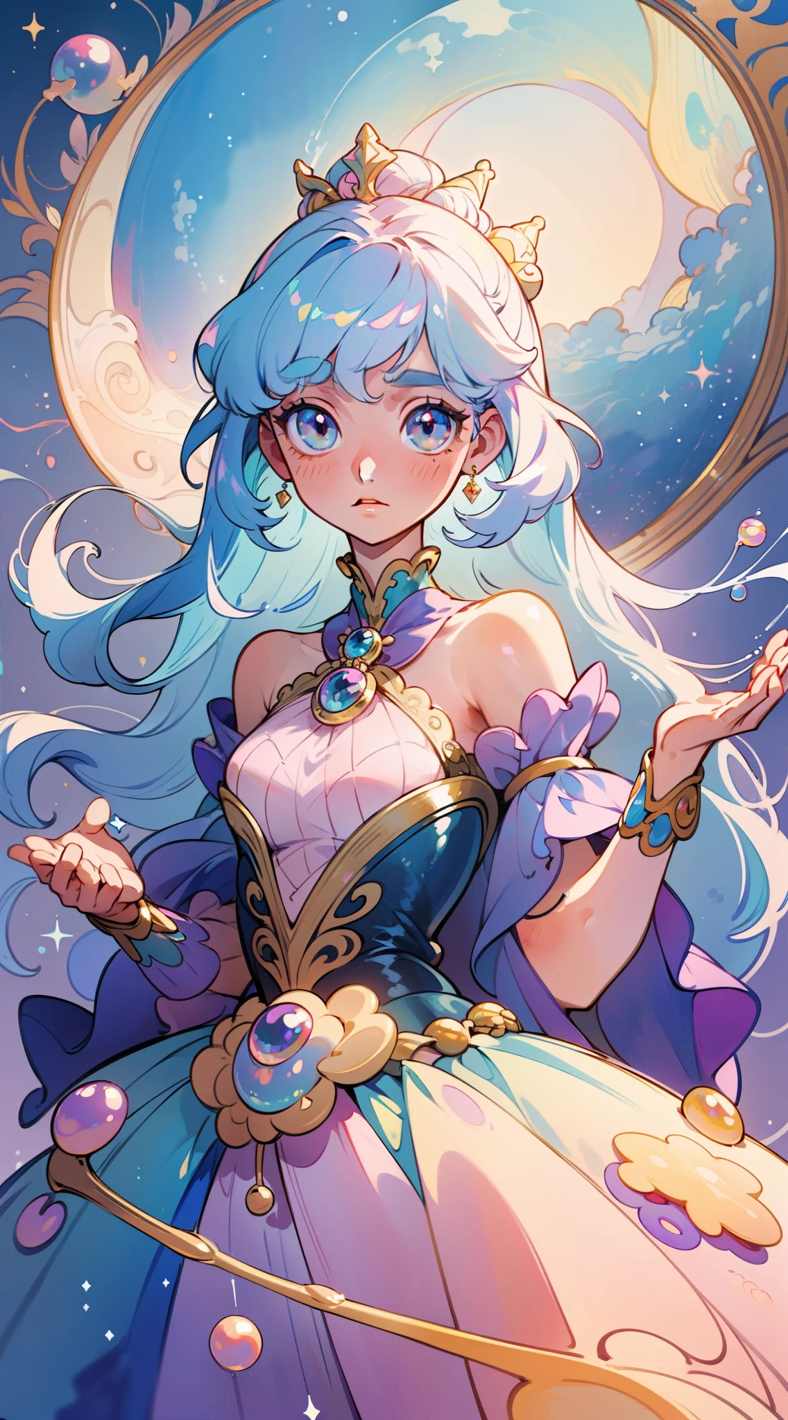 masterpiece, best quality, 8k resolution, sharp focus, intricate detail, beautiful girl, sparkling eyes, golden ratio face, otherworldly liquid, watercolor, pastel colors, bright colors, whimsical, colorful, sharp focus, high resolution, fine detail, princess fantasy flowing ballgown, ((round eyes)), iridescent bubbles