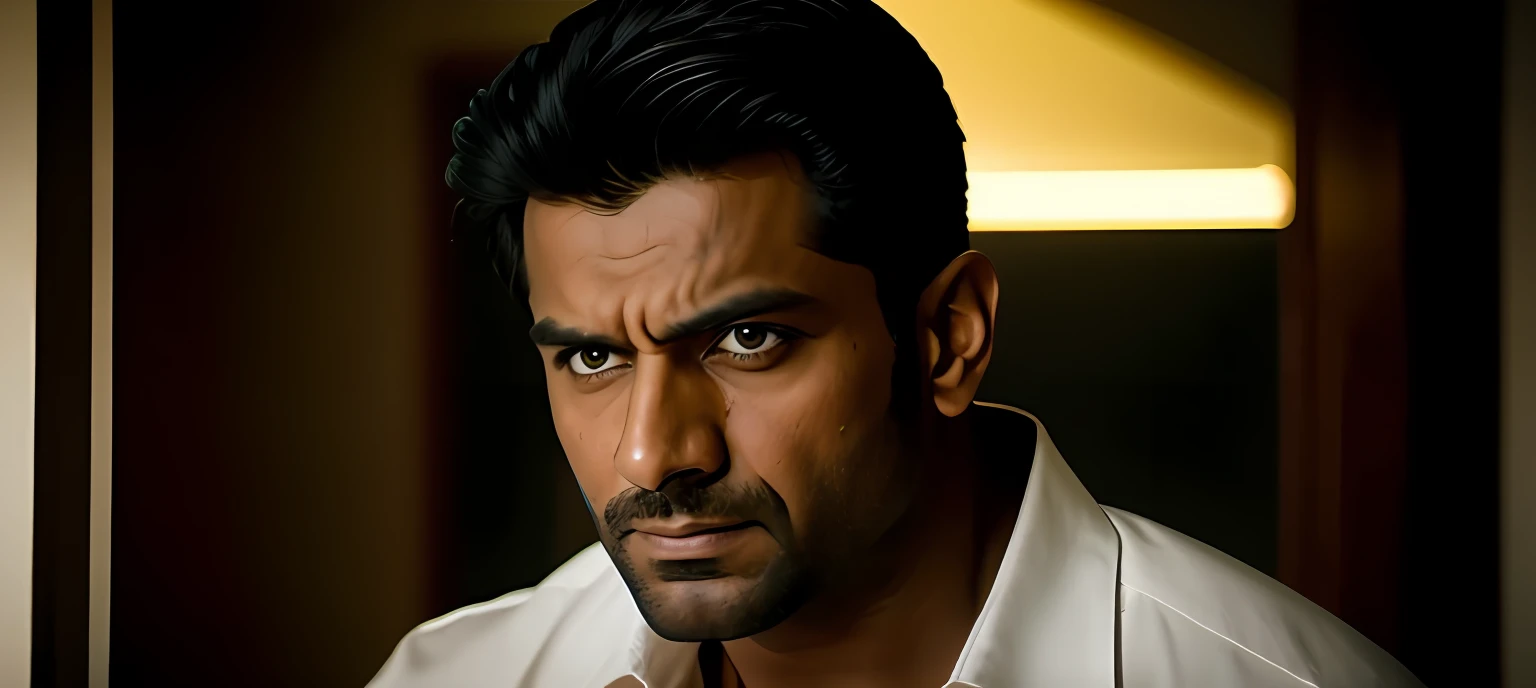 a close up of a man holding a gun in a room, roshan, intense look, in a menacing pose, harsh good looking face, he's very menacing and evil, still shot from movie, serious focussed look, his eyes look wise, still from a terence malik film, menacing look, large eyes and menacing smile, shot from movie --auto