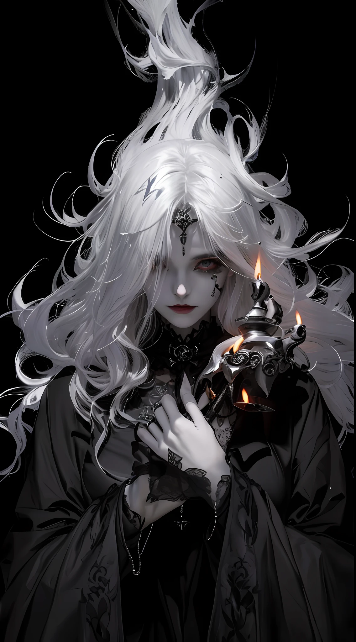 （tmasterpiece，best qualtiy）， 独奏，A white-haired woman holds a candle，anime skull portrait woman,beautiful necromancer girl，beautiful girl necromancer，Gothic shoujo anime characters，beautiful necromancer，gothic fantasy art，dark fantasy style art, White-haired god,Retrato de um necromante feminino，necromante feminino，goddess of death，Smoky, Flowing white hair，Harsh eyes，paleskin