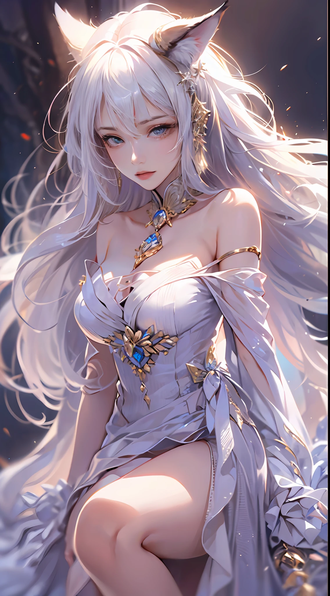 beautiful and cute crystal girl, Detailed Evil Eye, (incredibily detailed, long white hair,9 fox tails,Cinematic ultra-wide angle, Depth of failure, ultra - detailed, insanely details, Ultra photo realsisim, high resolution, Cinematic lighting, Soft lighting, Incredible quality, Realistic skin,Solo,Beautiful face,Large breasts,((Sheer dress)),low legs,(off the shoulder dress),(One shoulder strap comes off),wavy and long hair, Cowboy shot, Smooth shoulders,Slim waist,dynamic shot,Hair and landscape,The eye,yuyao,(Julia,Fox,(Fox ears:1))
