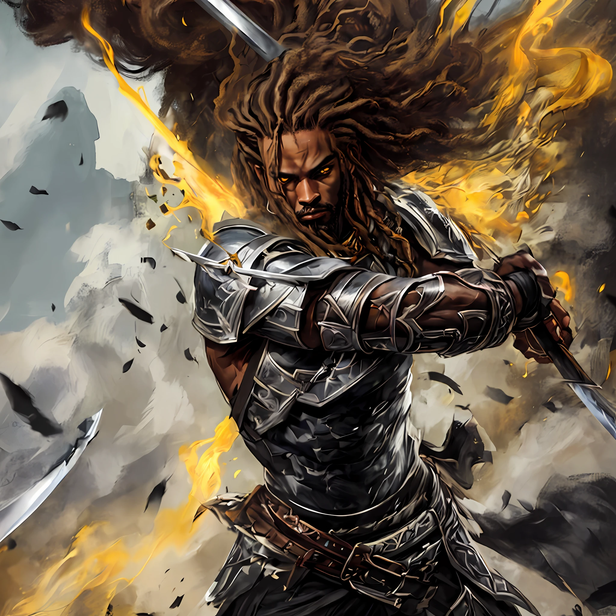 Realistic Details, High Resolution, Masterpiece, Best Quality, Black man wearing an armor of shadows and holding a giant black silver sword, Handsome Face, Yellow Eyes Solo Male, Brown Skin, Arabic, Afro American, Long Black Hair with dreads, Slim Body, Medium Muscles, Black Magic Armor, Warlock, Swordsman