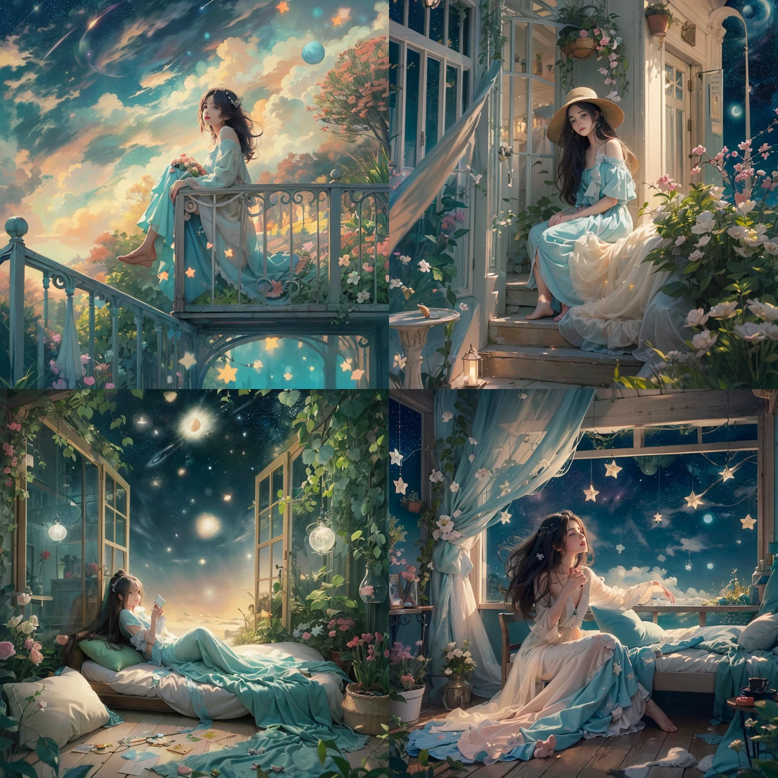 ((Digital Art),the panorama, Fashion model woman reaches out to the stars,Alone, verandah,Fantasy,many stars,Starry Night,a dark night,Fluffy,   🎨✨🌈 ,Digital Art Interpretation, whimsical atmosphere, dreamy colors, Restful rest, Cozy Daydream. Visual Art Style: Step into whimsical and fascinating territory with digital artist Isabella Cruz, Famous for her captivating work. Isabella's Digital Art、Presenting a reimagined fluffy through an artistic lens. Pastel colours and soft brushstrokes create peace and tranquility..., Bring viewers to a dreamy atmosphere. Drawn in a relaxed and cozy fantasy. Isabella's visual art style is、Invites the viewer into a world of imagination and tranquility, Where fluffiness is a source of comfort and pleasure. The artwork is、Captures the essence of innocence and the joy of restful rest. Whimsical dream landscape, Cozy rest, Softly draped colors.