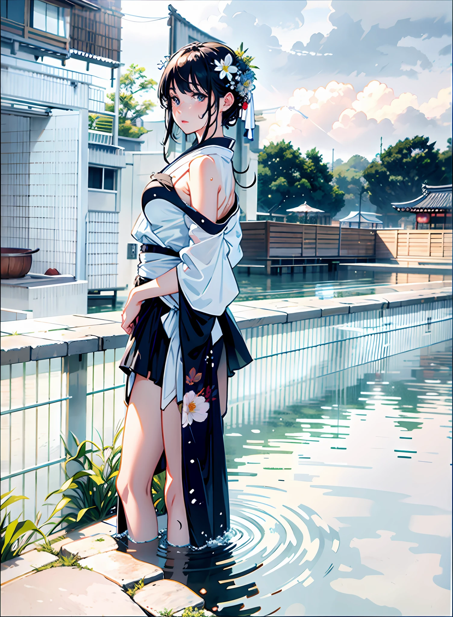 1girl, breasts, moon, lantern, night, solo, large breasts, hair ornament, wet, kimono, japanese clothes, wading, water, hair flower, flower, outdoors, sky, full moon, rain, black hair, off shoulder, mountain, cloud, holding, sash, bare shoulders, paper lantern, standing, white kimono, night sky, sideboob, obi, wet clothes, bangs, tree, from side, reflection, short hair, cloudy sky, wet hair (((masterpiece),(extremely detailed CG unity 8k wallpaper),best quality,,solo,1girl,cinematic lighting,detailed background,beautiful detailed eyes,bright pupils, (an extremely delicate and beautiful),(Beautiful and detailed eye description), ultra-detailed,masterpiece,)),