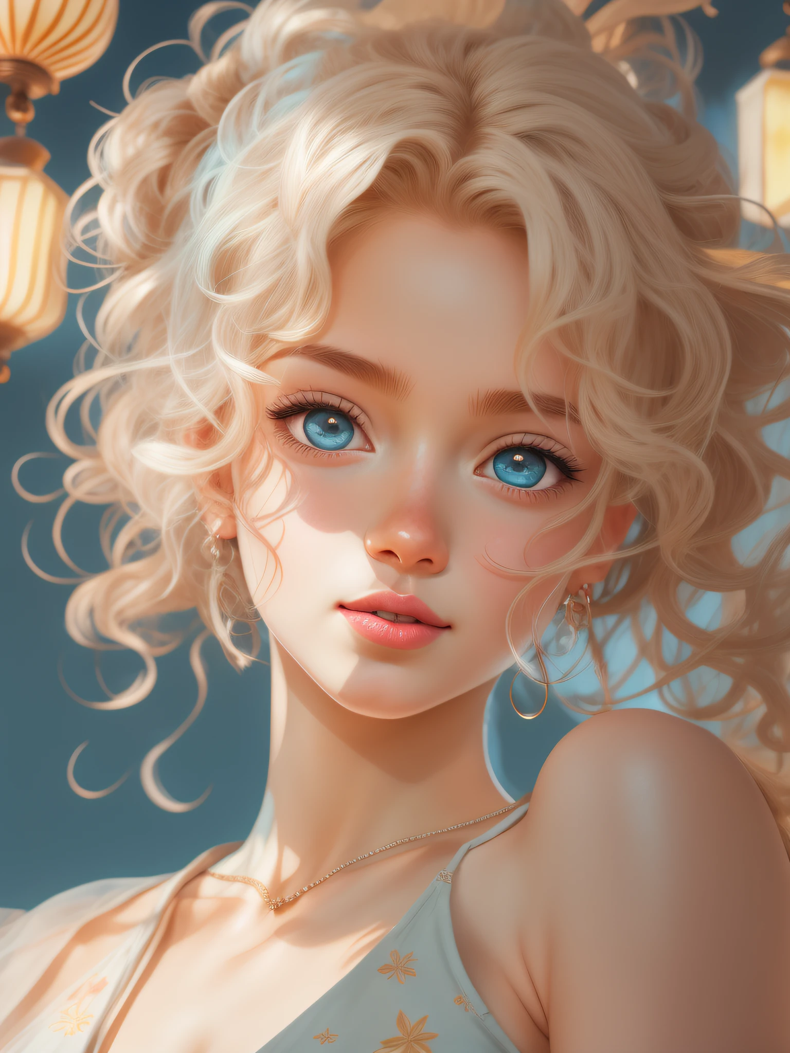 (masterpiece), best quality, expressive eyes, perfect face, Beautiful illustration of light skinned stunning shy model with cute and delicate face, light blue eyes, upper body in side pose, Looking at viewer, bright and expressive eyes , Lanterns, pouting pink lips, charming shy smile, full cheeks, dazzling smile, curly blond hair, one-piece beachwear, official art style, niji style, anime, vector, highly detailed, digital illustration, cell shadow , art by Atey Ghailan and Tran Ross , vray tracking. Trending on ArtStation Pixiv. intricate, insanely detailed, DSLR, 8k