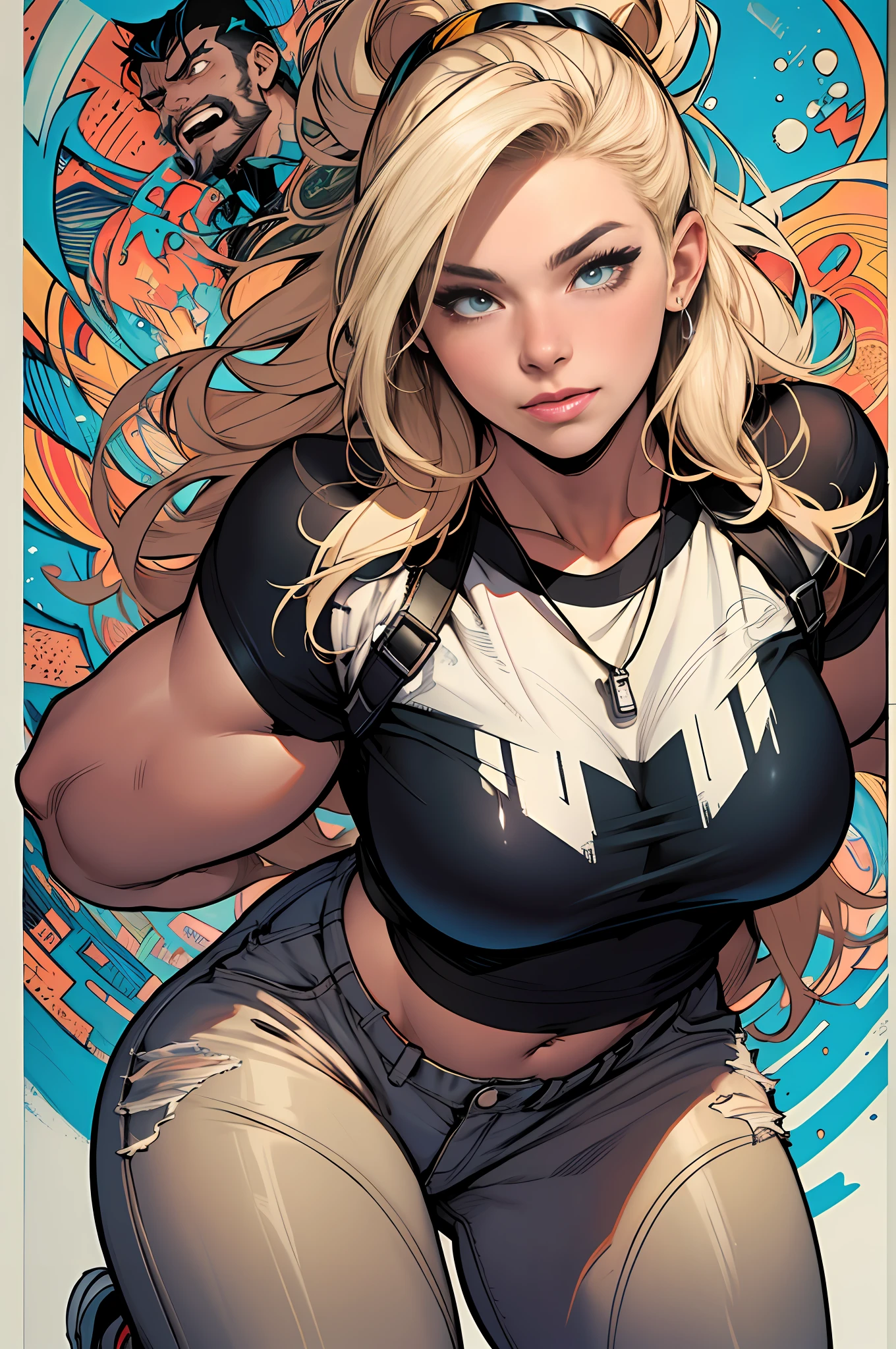 raw photo, ::comix style by marc silvestri:: beautiful woman ashley alexiss european perfect and detailed,   style ::2.0 comix illustration style,tatoon style , man model ultra detailed, (beautiful and clear background:1.2),, fantastic paintings ,graffit style, olhos altamente detalhados , a white t-shirt or tatoon stamp , blond hair, masterpiece, best quality, high quality, highres, detail enhancement, ((most beautiful image in the world)), masterpiece, best quality, high quality, highres, detail enhancement, ((most beautiful image )),with short, shiny black hair, wearing a large round-neck t-shirt, wearing jeans, five legs, like yellow sneakers, emphasizing the integrity of the human body, emphasis on the correct 5 fingers on each hand and the correct shadow, , bright image, art by stanley artgerm lau, art by kenneth rocafort, art by genzoman, art by joe madureira, art by blushyspicy, art by stjepan sejic, art by j scott campbell, art by guillem march, art by citemer liu, 4k, high resolution, comic book, comic book character, comic, high quality