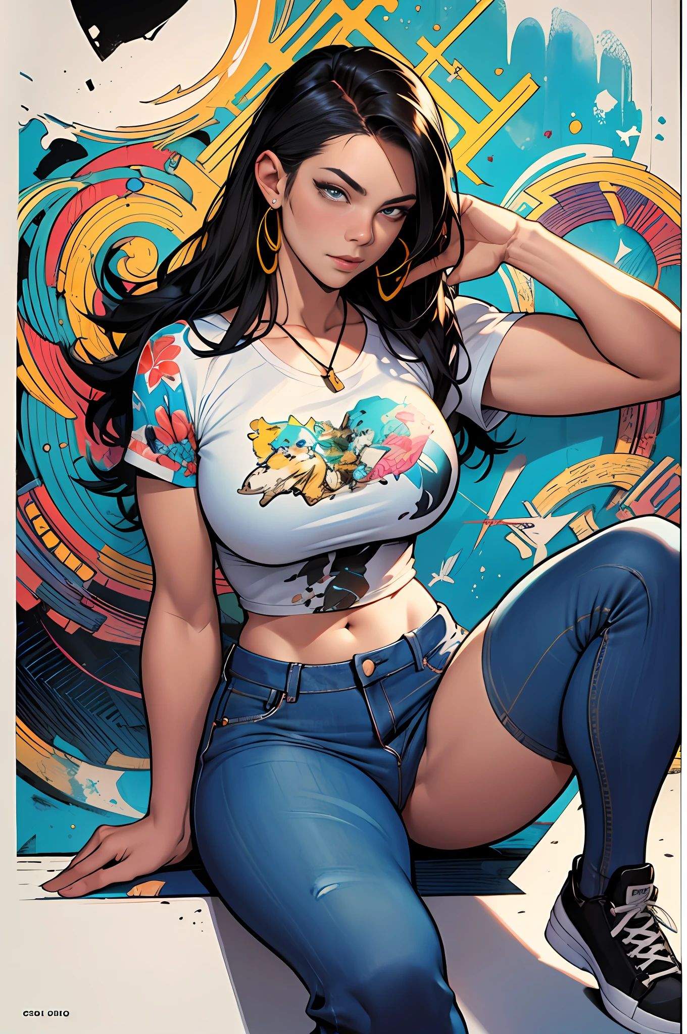 raw photo, ::comix style by marc silvestri:: beautiful woman ashley alexiss european perfect and detailed, style ::2.0 comix illustration style,tatoon style , man model ultra detailed, (beautiful and clear background:1.2),, fantastic paintings ,graffit style, olhos altamente detalhados , a white t-shirt or tatoon stamp , blond hair, masterpiece, best quality, high quality, highres, detail enhancement, ((most beautiful image in the world)), masterpiece, best quality, high quality, highres, detail enhancement, ((most beautiful image )),with short, shiny black hair, wearing a large round-neck t-shirt, wearing jeans, five legs, like yellow sneakers, emphasizing the integrity of the human body, emphasis on the correct 5 fingers on each hand and the correct shadow, , bright image, art by stanley artgerm lau, art by kenneth rocafort, art by genzoman, art by joe madureira, art by blushyspicy, art by stjepan sejic, art by j scott campbell, art by guillem march, art by citemer liu, 4k, high resolution, comic book, comic book character, comic, high quality