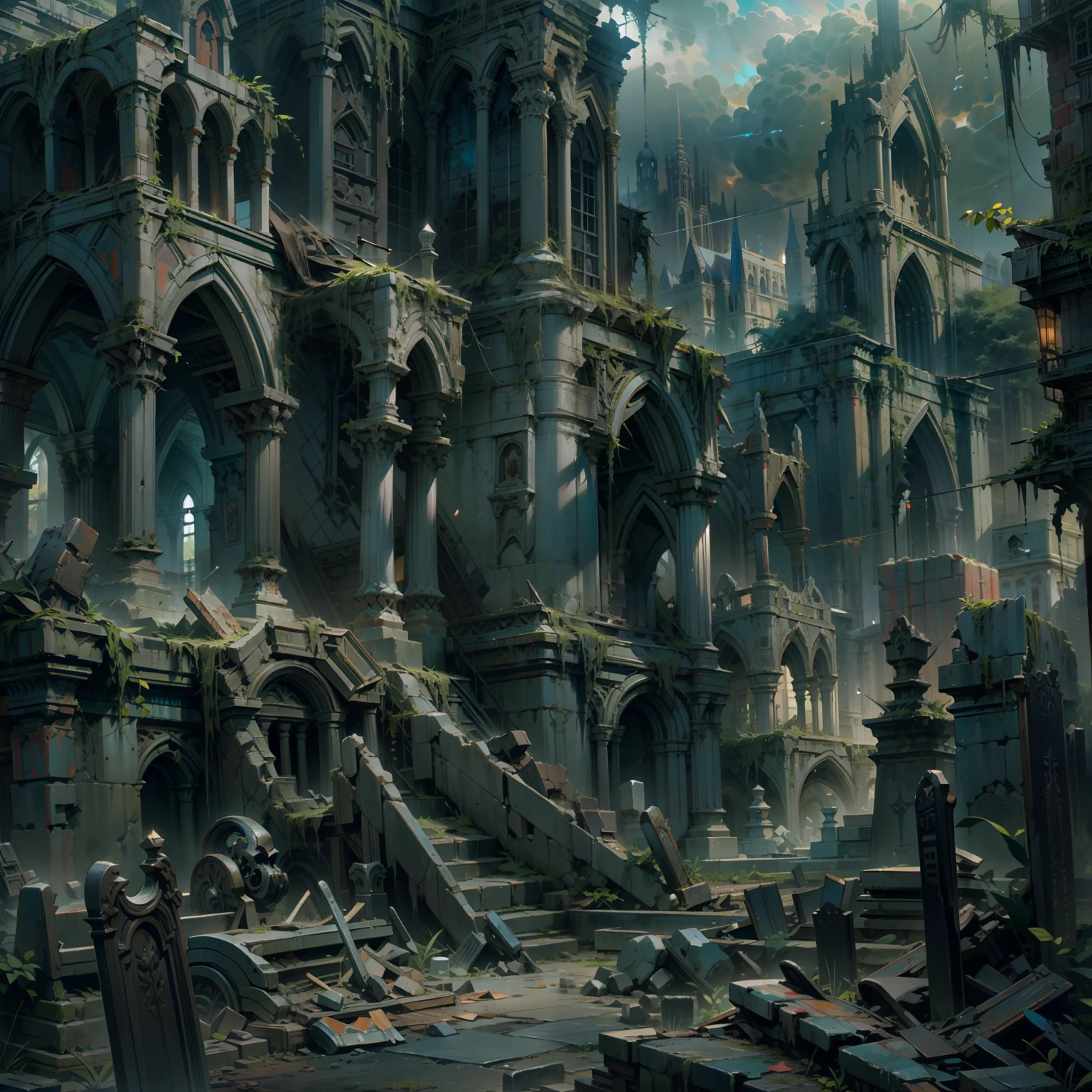 Aalfid view of the cemetery，In the background is a church, photorealistic dark concept art, highly realistic concept art, ornate city ruins, stunning photo real concept art, dark ruins landscape, Ruined cityscape, Ruined city, stunning concept art, dark city ruins, highly detailed concept art, highly detailed matte painting, Ruins of the City of the Fallen Kingdom, game art matte painting