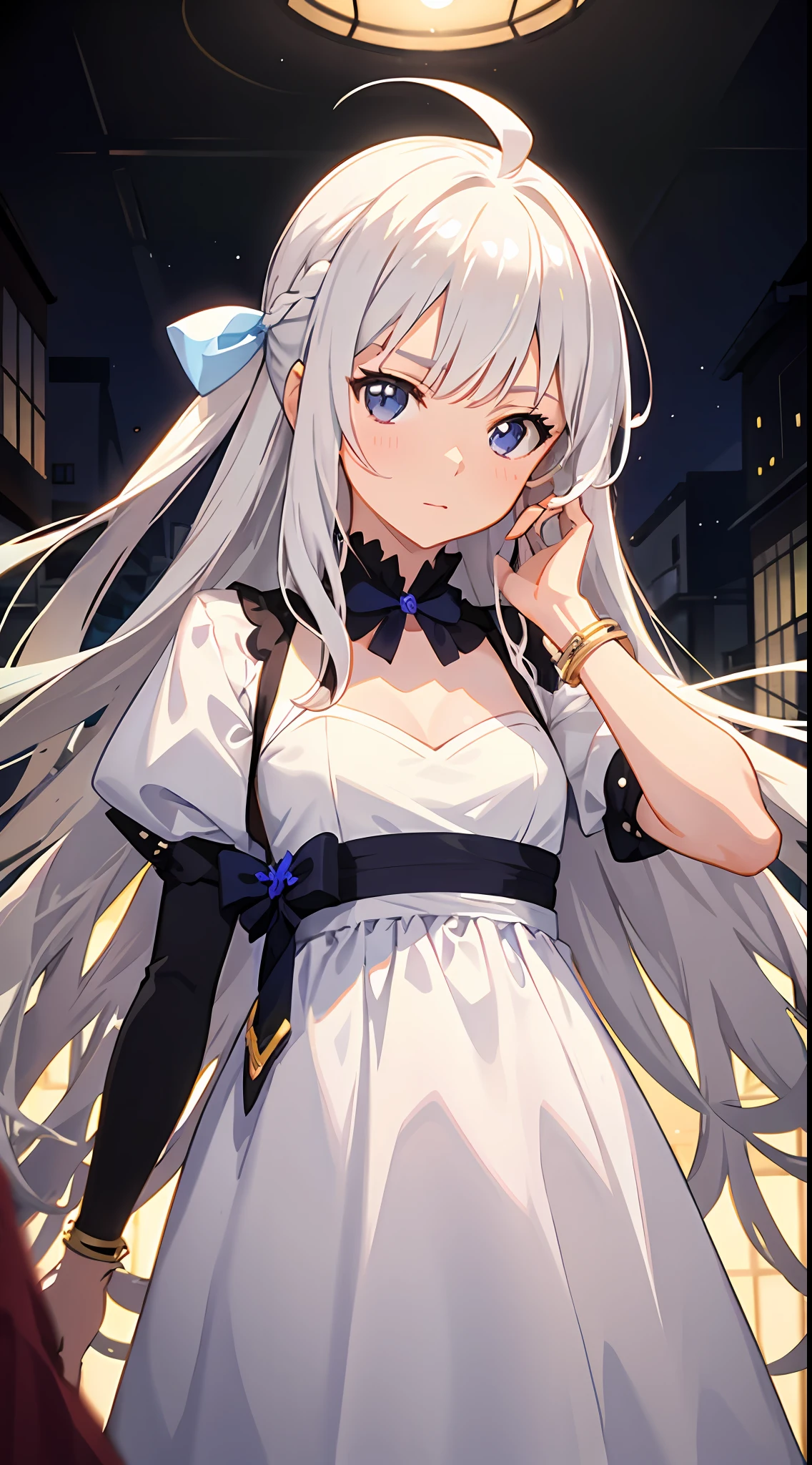 one-girl, Animate, in style of kyoto animation, Anime screens, view straight on, focus on girl, Head_tilt, Curta, Girl vs, Very long hair, Random hair, Asymmetrical bangs, hair intakes, Shiny hair, ahoge, Beautiful face,White dress, bow ribbon, hair pin, Bracelet, milky ways,