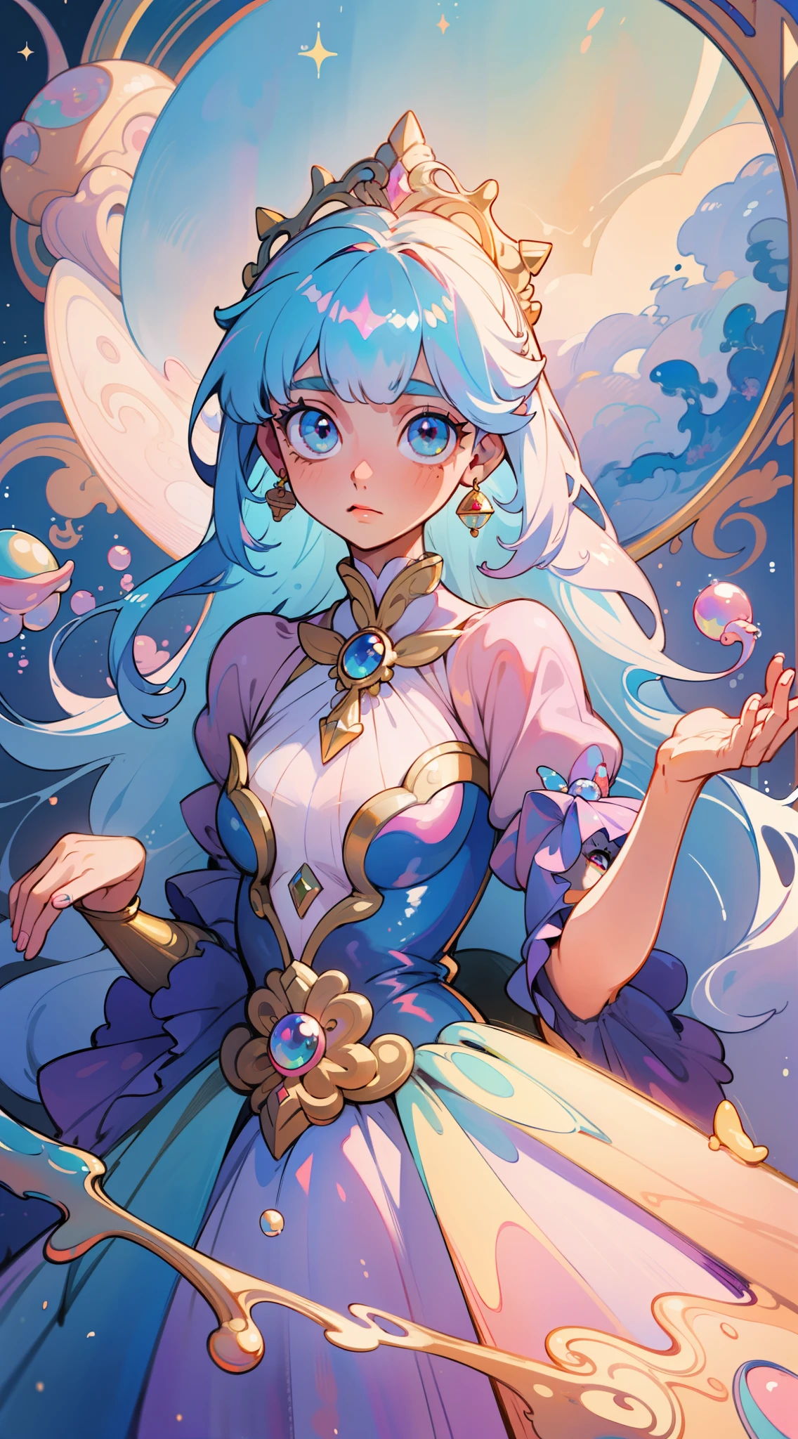 masterpiece, best quality, 8k resolution, sharp focus, intricate detail, beautiful girl, sparkling eyes, golden ratio face, otherworldly liquid, watercolor, pastel colors, bright colors, whimsical, colorful, sharp focus, high resolution, fine detail, princess fantasy flowing ballgown, ((round eyes)), iridescent bubbles