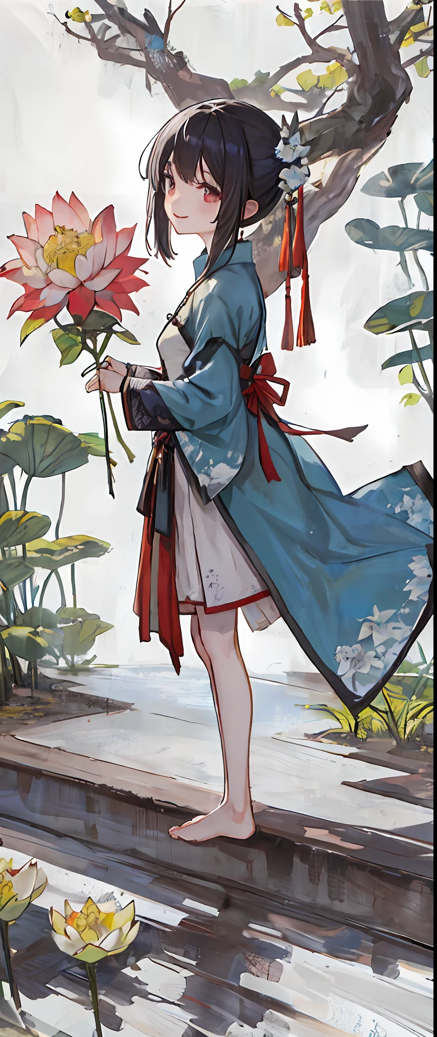 ((4k,masterpiece,best quality)), shuimobysim, traditional chinese ink painting, lotus, hanfu, maxiskit, dress conservatively 1girl, solo, long blue hair, smile, standing, feet in the water, barefoot,