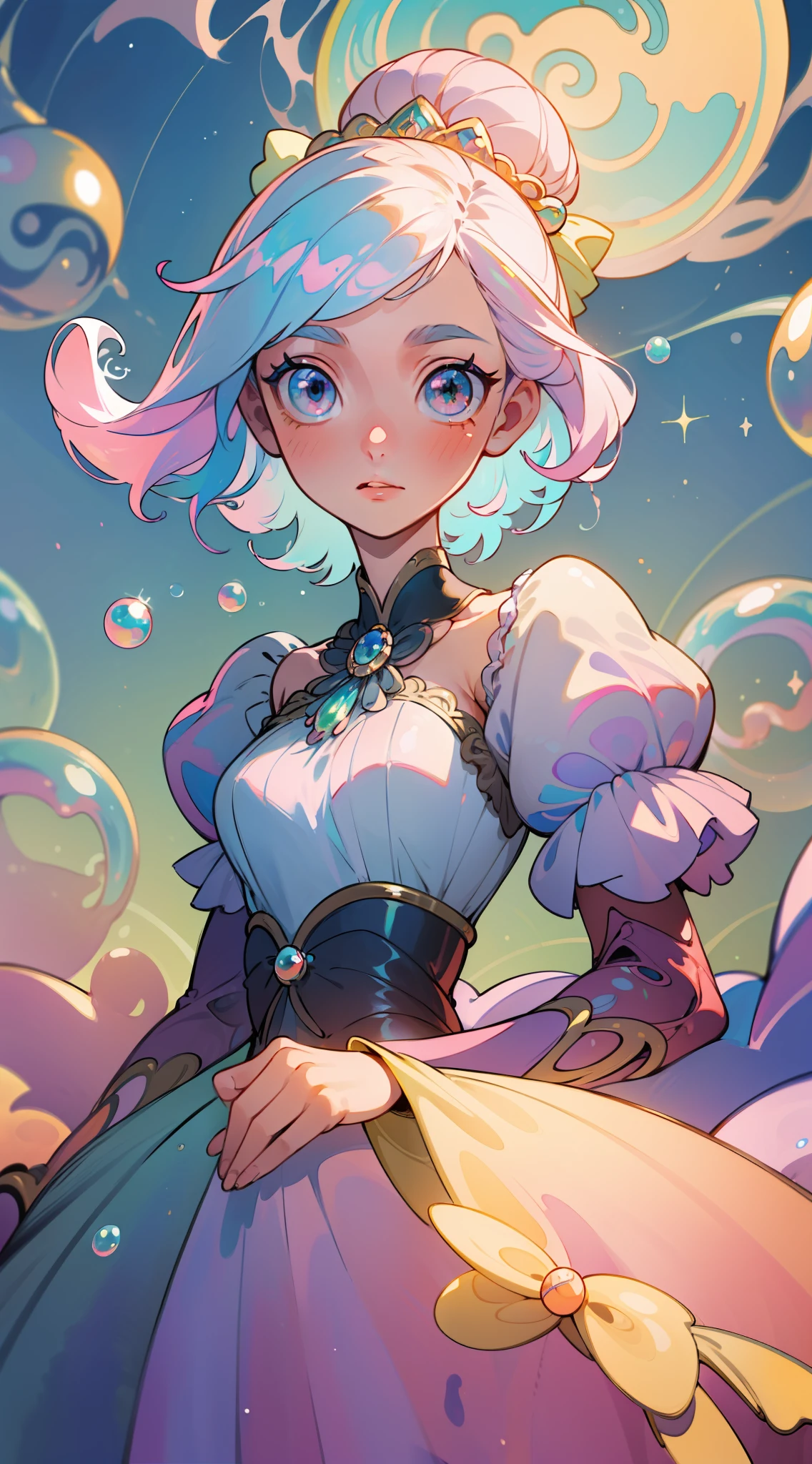 masterpiece, best quality, 8k resolution, sharp focus, intricate detail, beautiful girl, sparkling eyes, golden ratio face, otherworldly liquid, watercolor, pastel colors, bright colors, whimsical, colorful, sharp focus, high resolution, fine detail, princess fantasy flowing ballgown, ((round eyes)), iridescent bubbles
