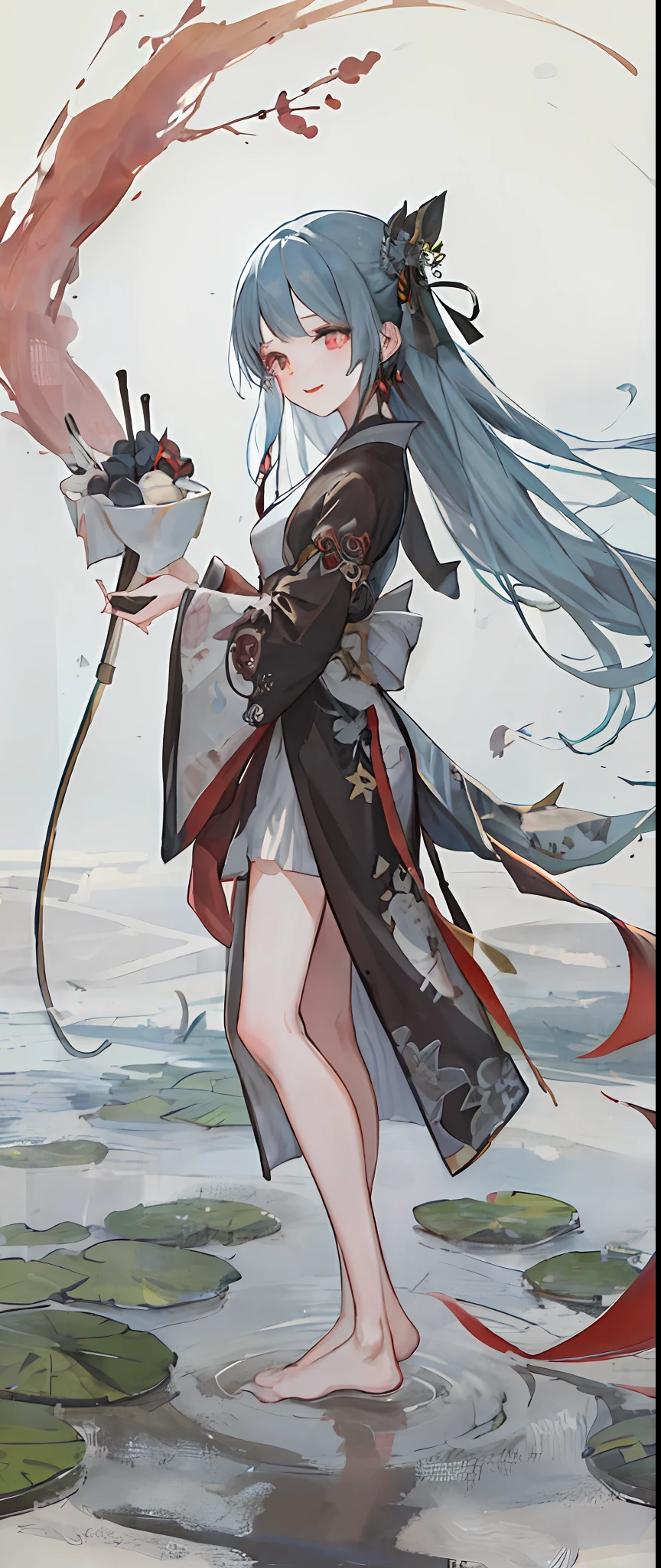 ((4k,masterpiece,best quality)), shuimobysim, traditional chinese ink painting, lotus, hanfu, maxiskit, dress conservatively 1girl, solo, long blue hair, smile, standing, feet in the water, barefoot,