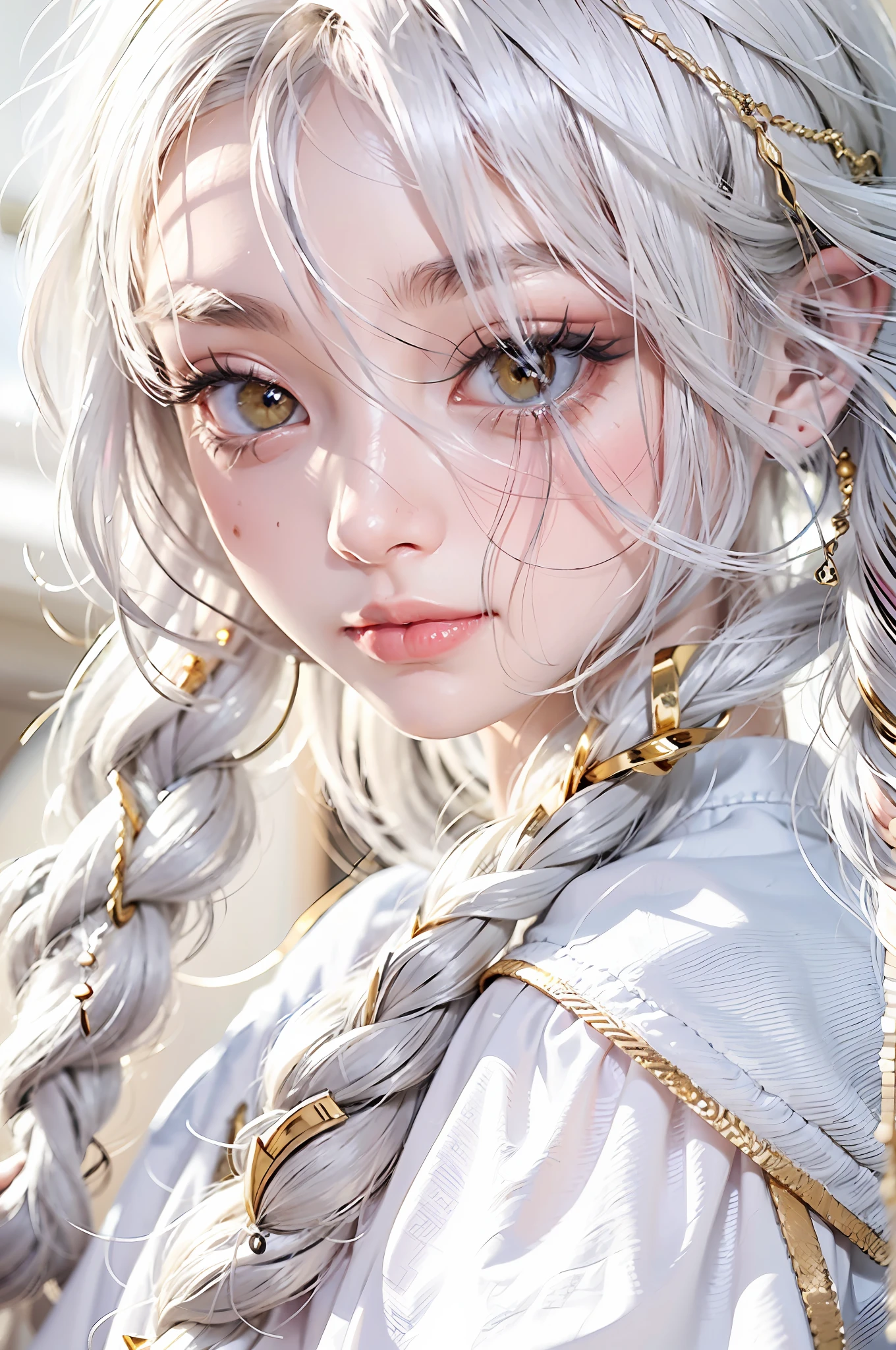 best quality, masterpiece,white hair, gold eyes,white clothes, looking up, upper body,hair strand,Fair skin,side braids