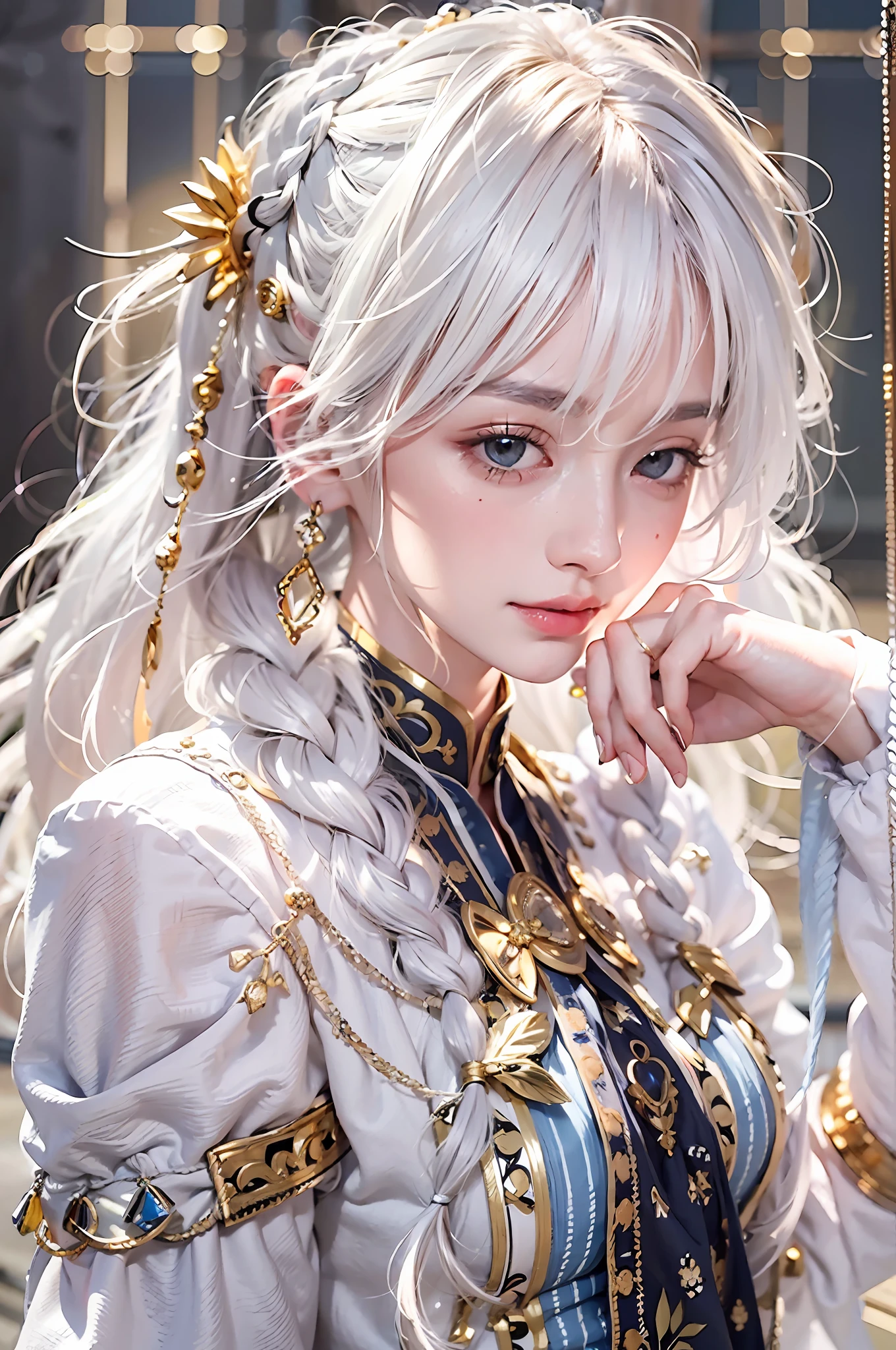 best quality, masterpiece,white hair, gold eyes,white clothes, looking up, upper body,hair strand,Fair skin,side braids