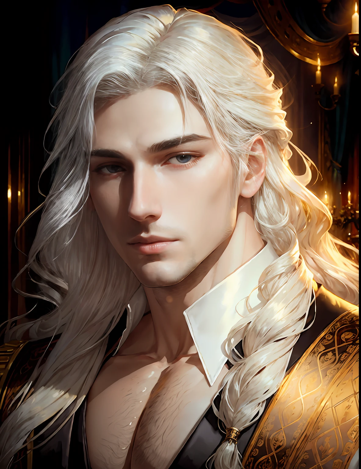 masterpiece, highest quality, (solo focus), (perfect face:1.1), (high detail:1.1),dramatic, 1guy, (pale skin), long white hair, white eyes, [light eyebrows], solo, long hair, moon, night, white luxury suit, covered navel, pouty lips, (beauty marks),  palace, detailed background, art by artgerm and greg rutkowski,  cinematic lighting, roses, suggestive