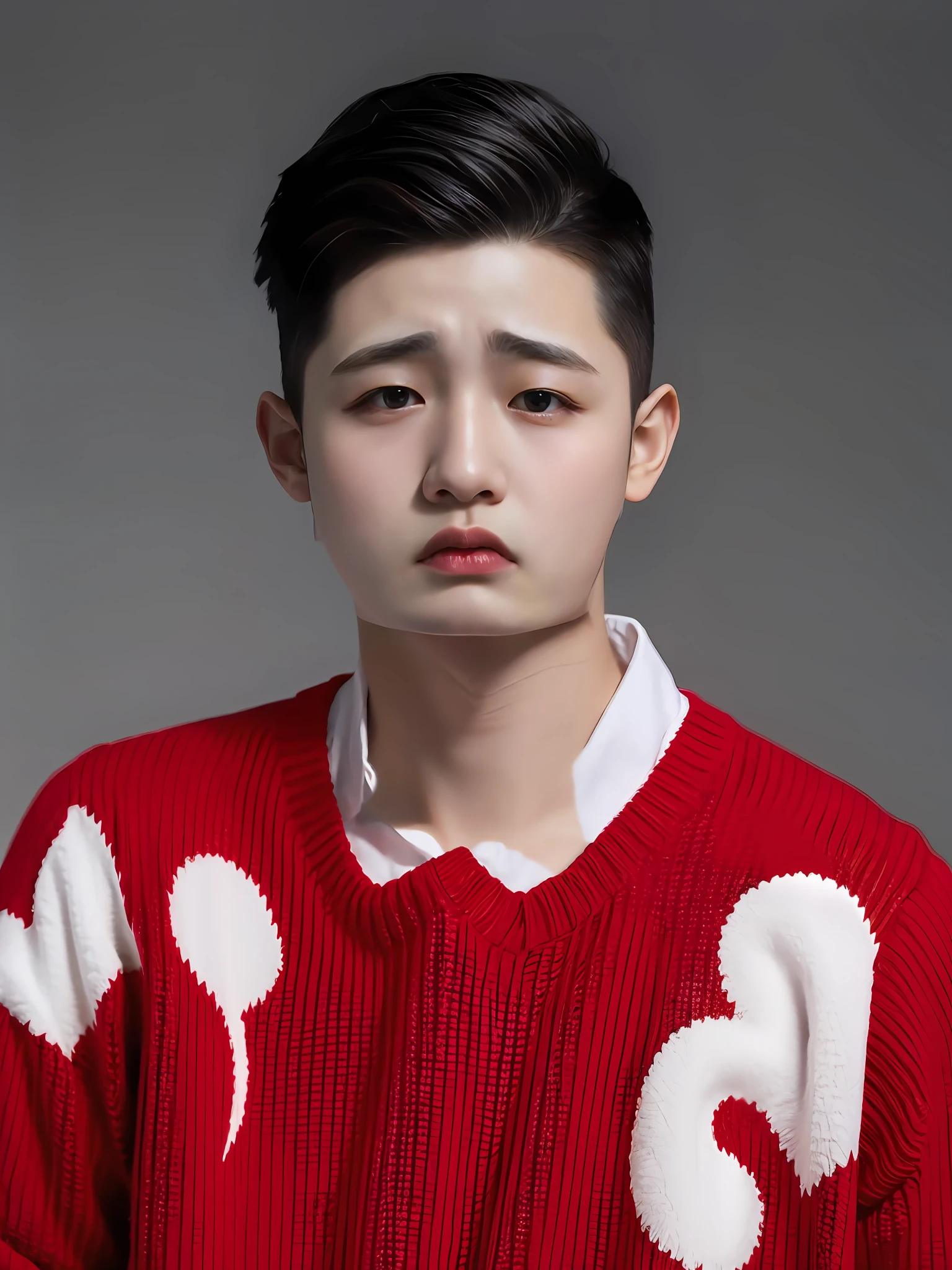 A Chinese male high school student,wearing a red sweater