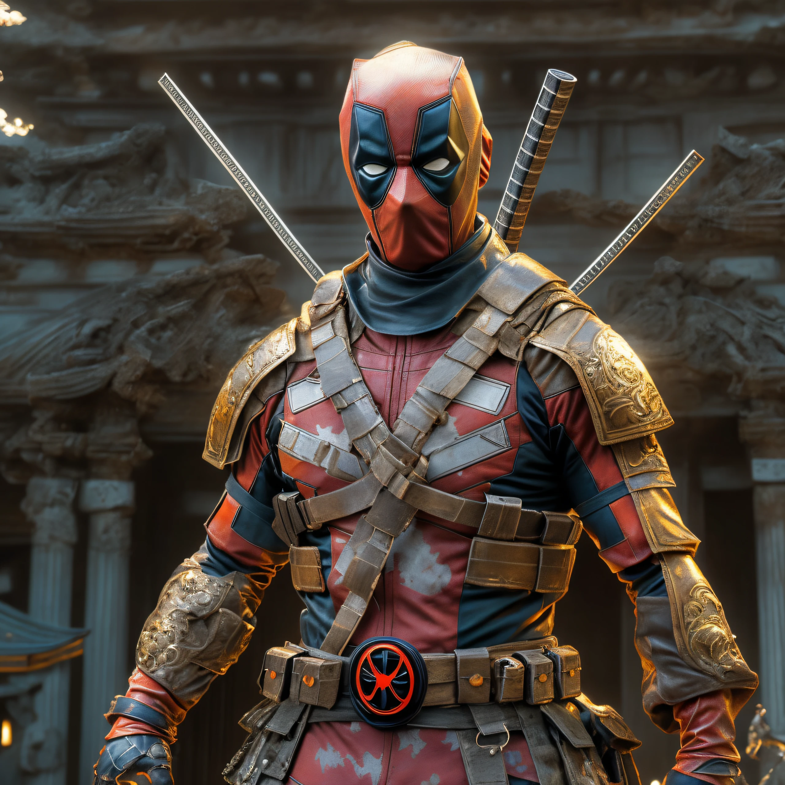 ((Best quality)), ((masterpiece)), (detailed: 1.4), (magnificent meticulous detail), deadpool (perfect anatomy:.5) as a samurai cyborg, robot, Japanese art relics, demonic detailed face, fighting action pose, white and orange mechanic ornate body, futuristic robe, ornate long skirt armor, perfect proportion, full body, moonlight lighting up the area, standing in the ancient Roma city, rainy sky, inner body glowing, photorealistic art, high detail, 3D rendering, cinematic scene, daylight, I can't believe how perfect this is image is, master detail, Musashibou BENKEI.