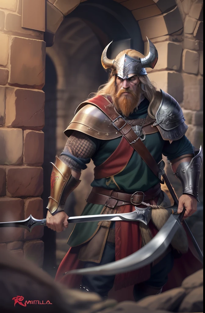 Homem de cabelo loiro e curto, barba media, olhos azuis, peitoral gigante, corpo forte, Corpo com muita veia, armadura de viking, espada gigantesca, medieval setting, imagem HD, Imagem limpa, Imagem 4k, alta resolução, obra prima, manga art