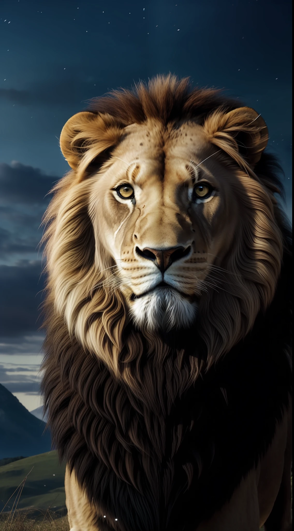 Create the Asla Lion from the Chronicles of Narnia, strong and powerful lion, olhando para o centro da imagem, cinematic lion with magic effect, realista e alta qualidade, 4k, focar nos detalhes do rosto, Great Lion, magical lion, fundo floresta de noite nevando, cinematographic effect, lion king, Impeccable.