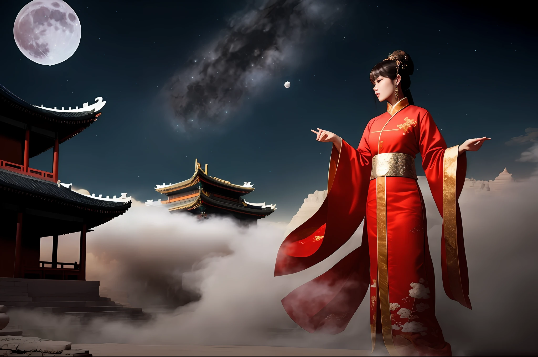 NSFW, Masterpiece, Night, Milky Way, Moon, Best Quality, Full Body Shot, Costume, Realistic, 1 Girl, Urzang, (PureErosFace_V1:0.7), 1 Girl Under the Moon ((Flying)), Chinese Immortals, dunhuang_cloths, dunhuang_style, (Chinese palace in the sky in the background: 1.5), (clouds on the ground: 1.5, surrounded by smoke: 1.5), best quality, realistic, realistic, award-winning illustrations, (complex details: 1.2), (fine details), (intricate details), (cinematic light, best quality backlight), clear lines, fashion girl, sharp focus, realistic face, detailed face, official art, Unity 8k wallpaper, super high resolution, (realistic: 1.5), looking at the viewer, ulzzang-6500，