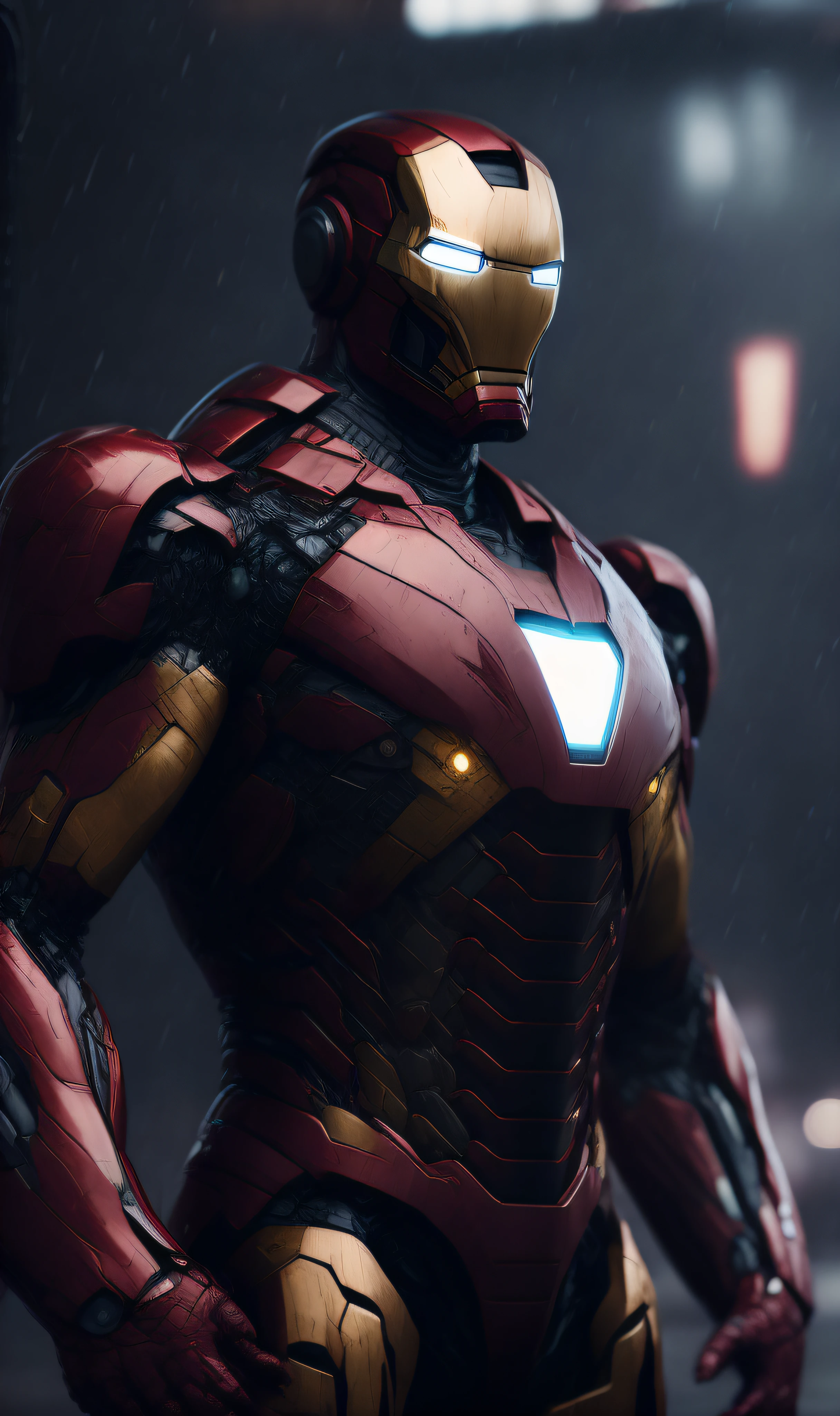 photo of Iron Man from Marvel standing outside the city 17, rainy, rtx, octane, unreal