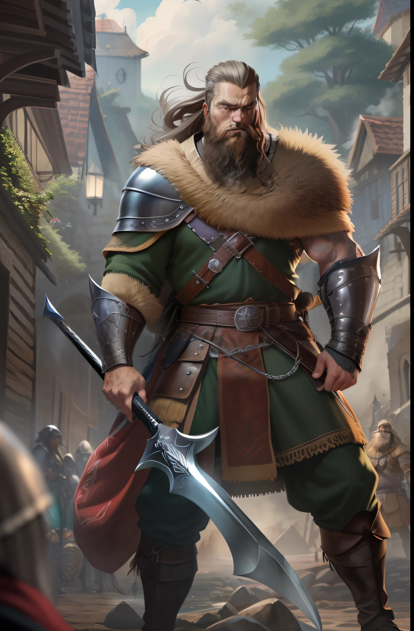 Homem de cabelo loiro e curto, barba media, olhos azuis, peitoral gigante, corpo forte, Corpo com muita veia, armadura de viking, espada gigantesca, medieval setting, imagem HD, Imagem limpa, Imagem 4k, alta resolução, obra prima, manga art