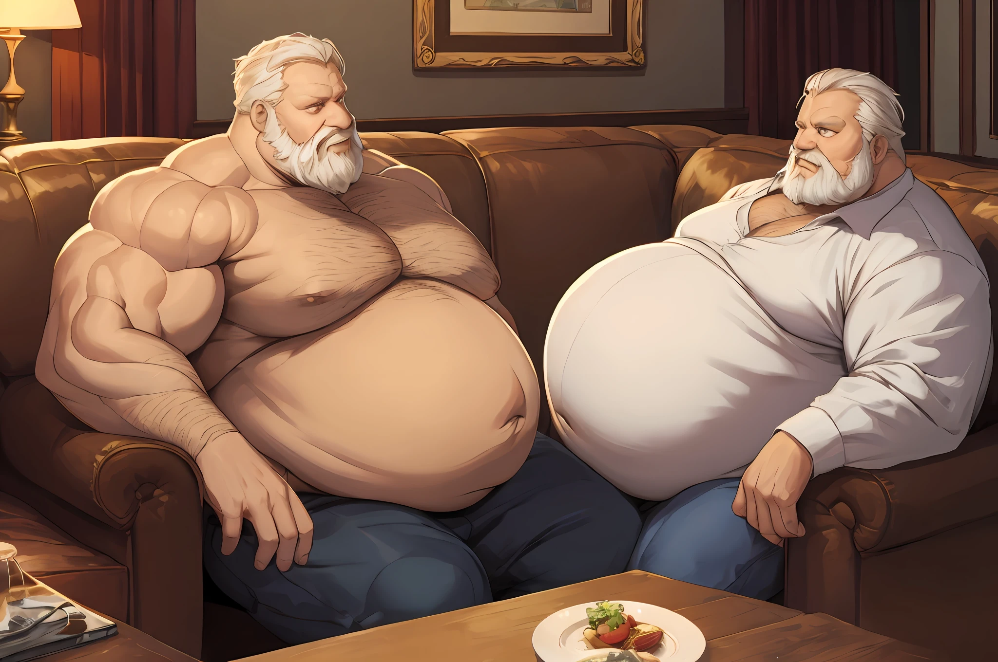 Big fat old man sitting on sofa, bearded, fat, big belly, obesity