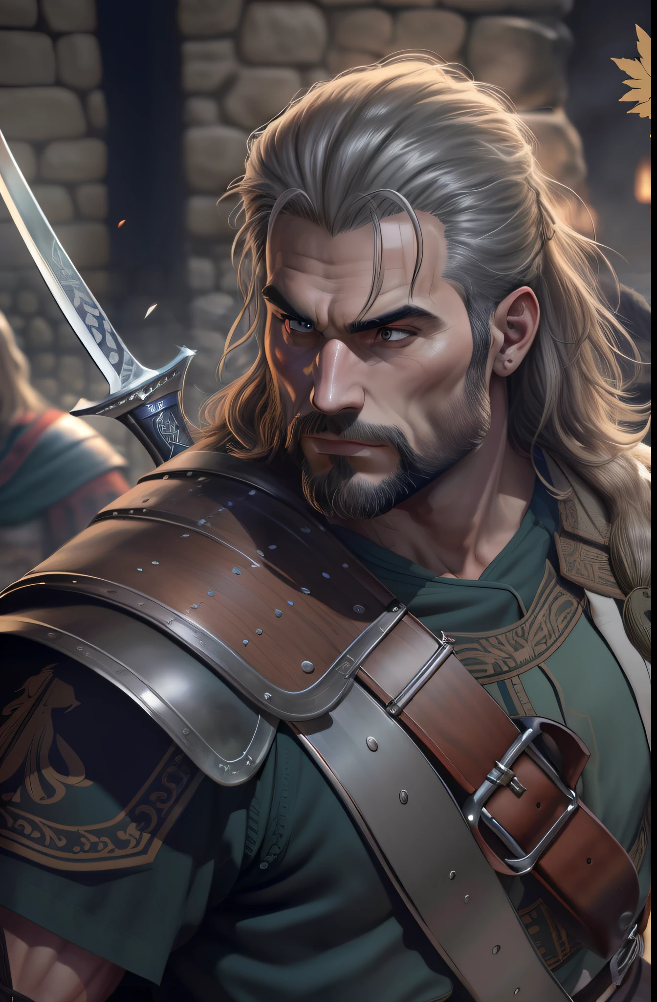 Homem de cabelo loiro e curto, barba media, olhos azuis, peitoral gigante, corpo forte, Corpo com muita veia, armadura de viking, espada gigantesca, medieval setting, imagem HD, Imagem limpa, Imagem 4k, alta resolução, obra prima, manga art