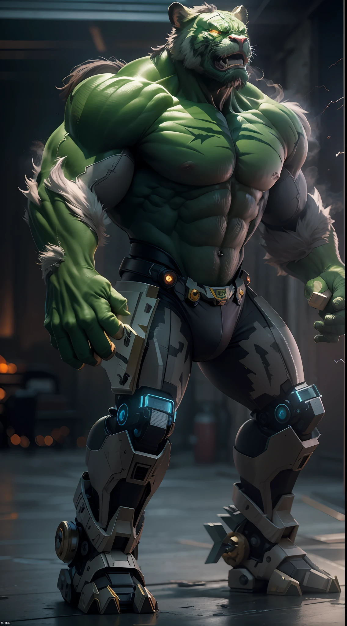 masterpiece, best quality, 8k, hulk tiger robot. Professional photography, cinematic lightning, octane render, unreal engine, volumetrics dtx