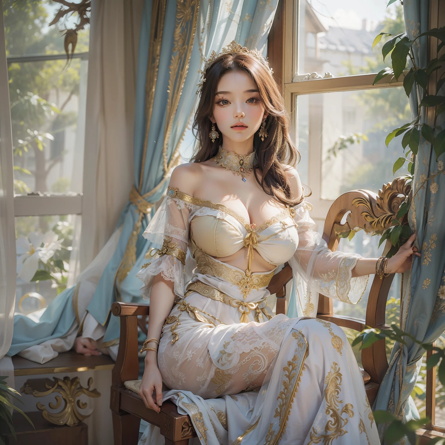 (best quality), (masterpiece), (1girl), solo, beautiful girl, perfect face, perfect body, big breast, sexy, Rusia traditional clothes, outdoor, sitting on the chair, posing like model, full body portrait, sunny window, pastel color